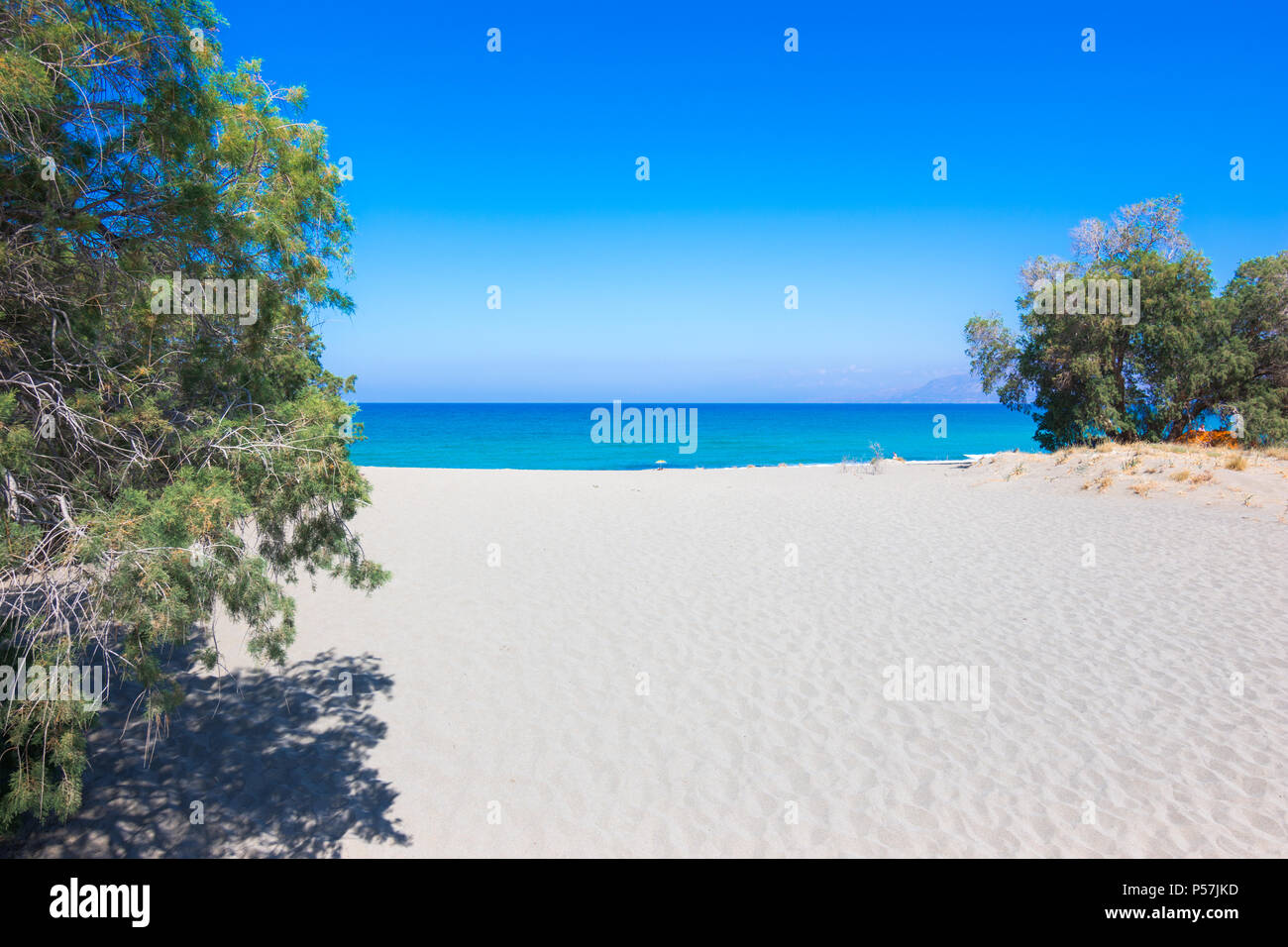 Tropischen Strand mit Tamarisken und türkisblauem Wasser in Komos, Kreta, Griechenland Stockfoto