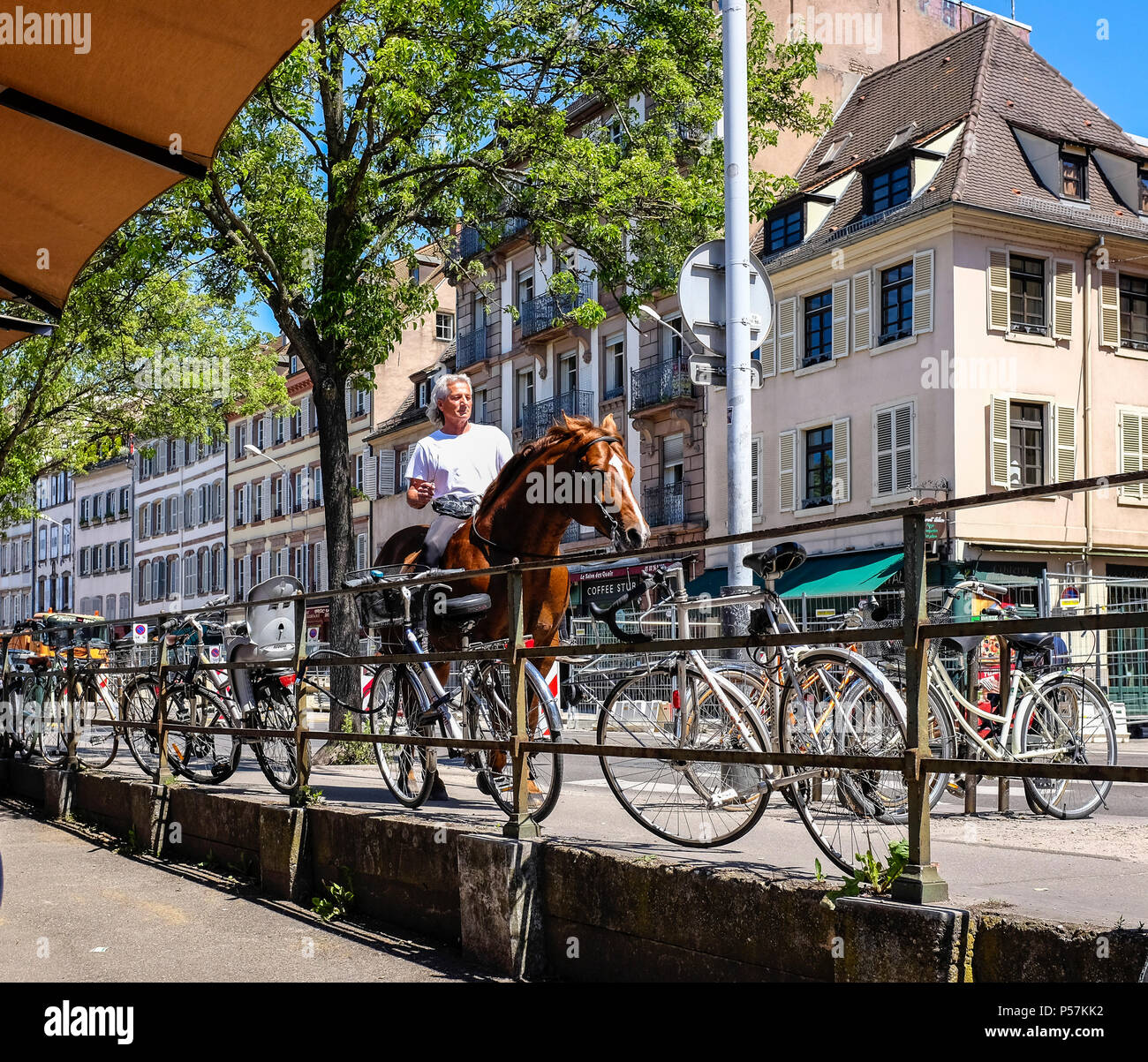 Straßburg, Mann, Reiten ohne Sattel auf einem Pferd auf dem Bürgersteig, Quai des Pêcheurs Quay, Fischer Wharf, Elsass, Frankreich, Europa, Stockfoto