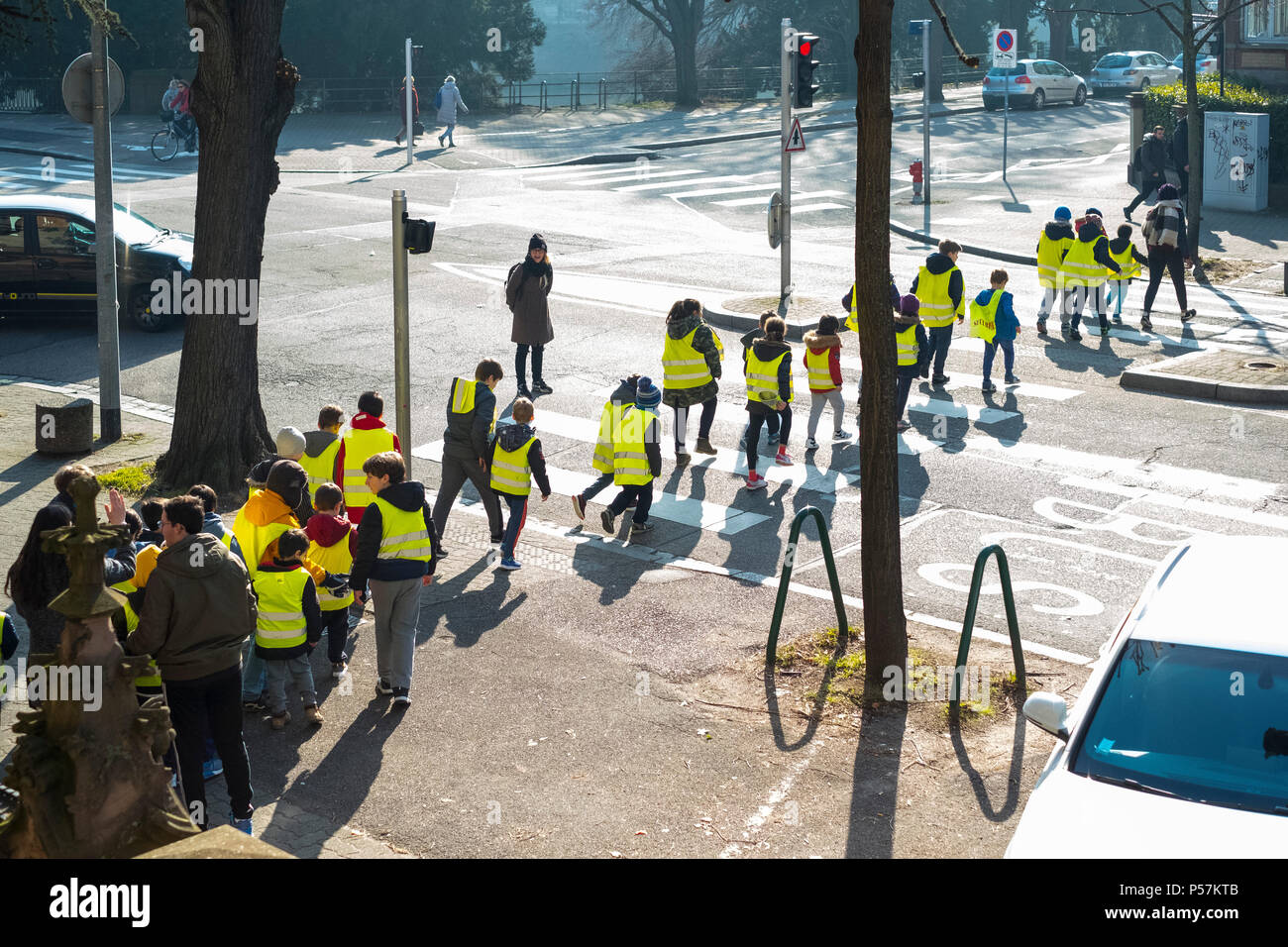 Straßburg, junge Schüler in gelben Jacken, die die Straße an Fußgängerüberwegen, Schulstraße, Elsass, Frankreich, Europa, Stockfoto