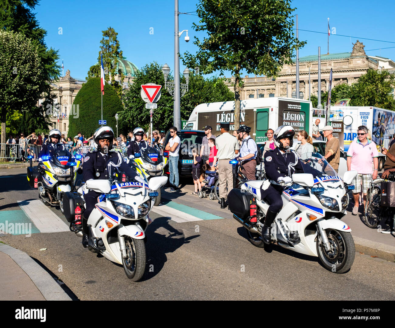 Straßburg, Bastille Day Parade, die Ausbildung von Polizisten Motorräder, Elsass, Frankreich, Europa, Stockfoto