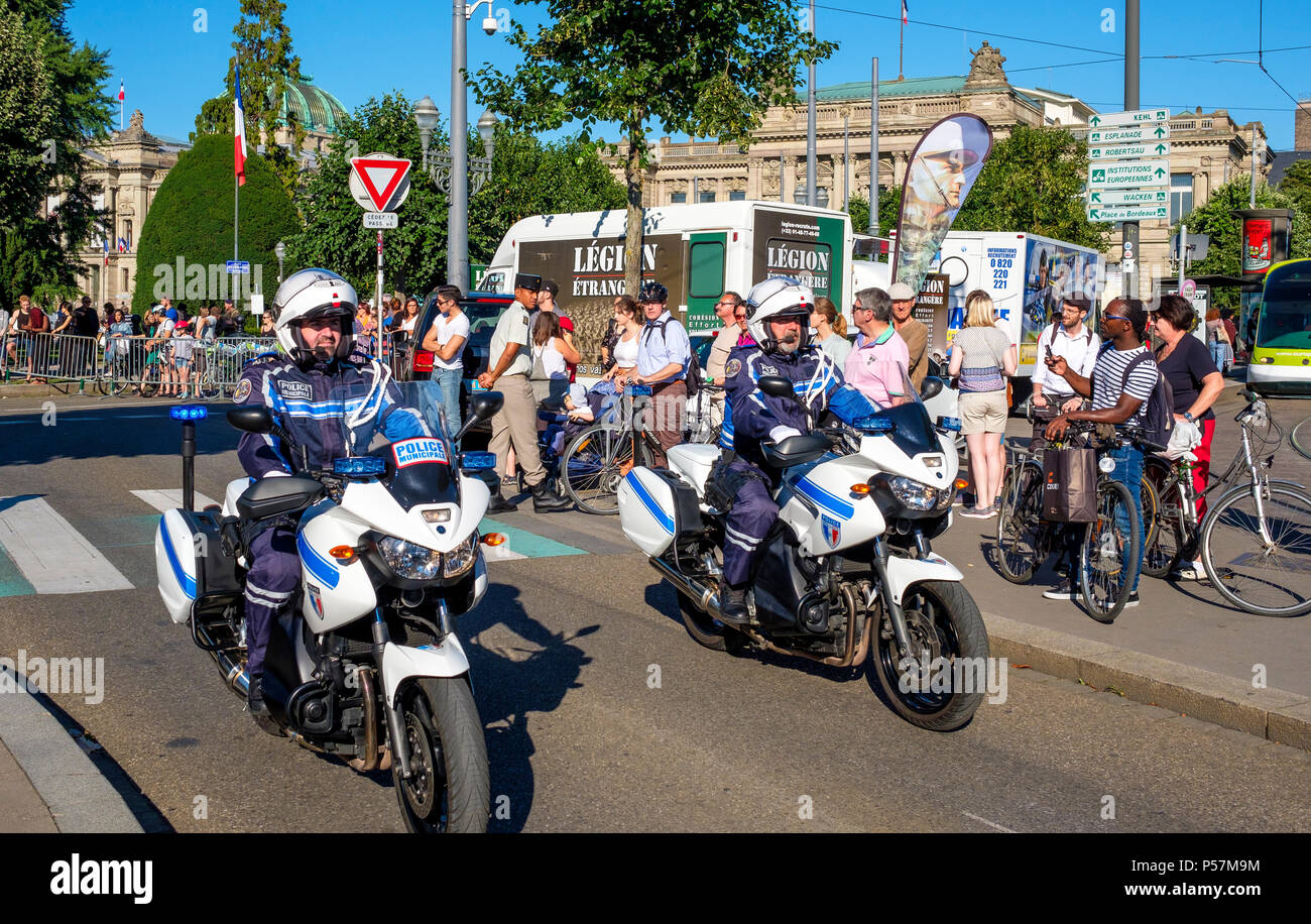Straßburg, Bastille Day Parade, die Ausbildung von Polizisten Motorräder, Elsass, Frankreich, Europa, Stockfoto