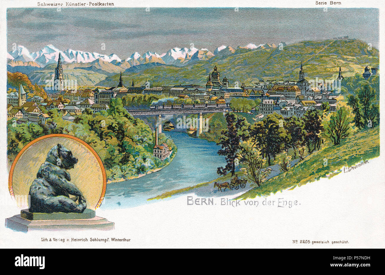 Vintage postcardof der Schweizer Stadt Bern, die Altstadt und die Aare. Stockfoto