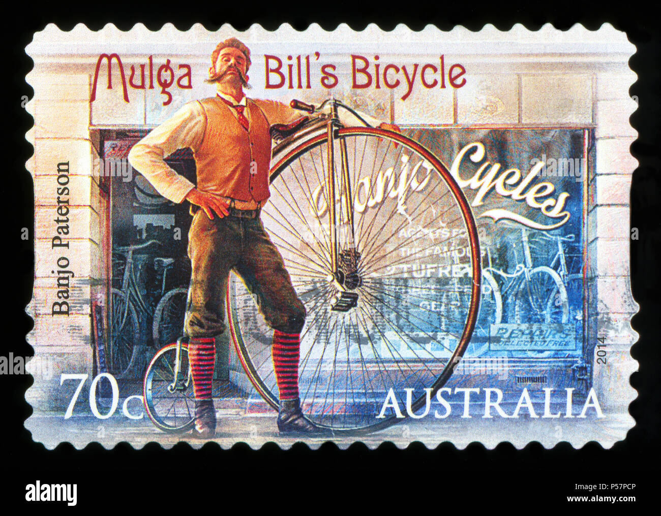 Australien - ca. 2014: Briefmarke in Australien gedruckten zeigt alte Werbung für Fahrräder, ca. 2014 Stockfoto