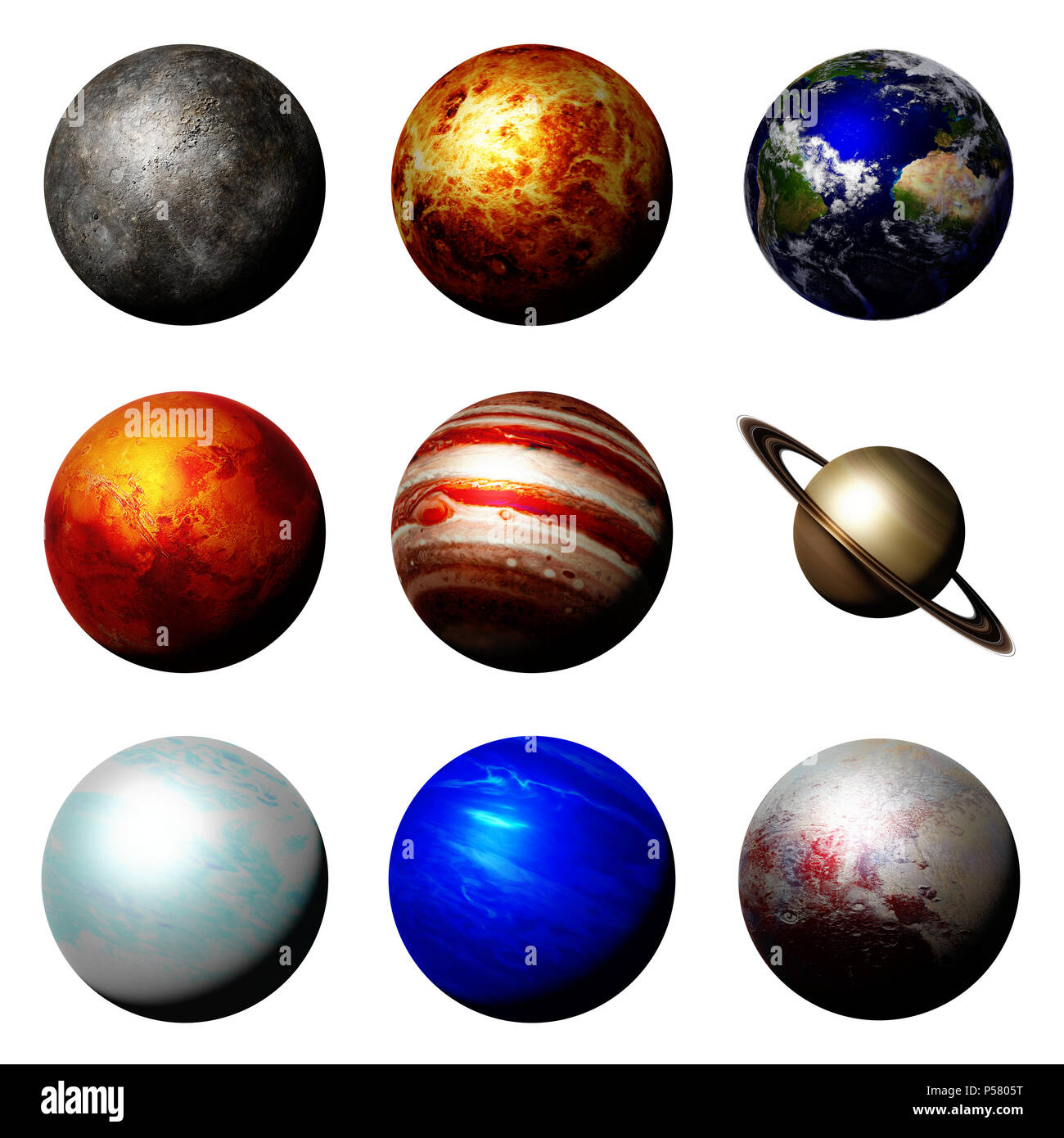 Die Planeten des Sonnensystems auf weißem Hintergrund Stockfoto
