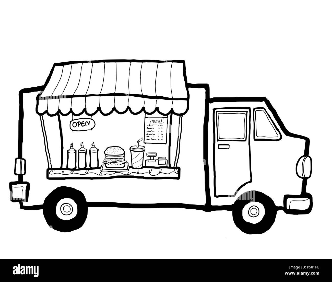 Eine Street Food Truck in der Stadt verkaufen, nehmen Essen und Trinken hamburger. Stockfoto