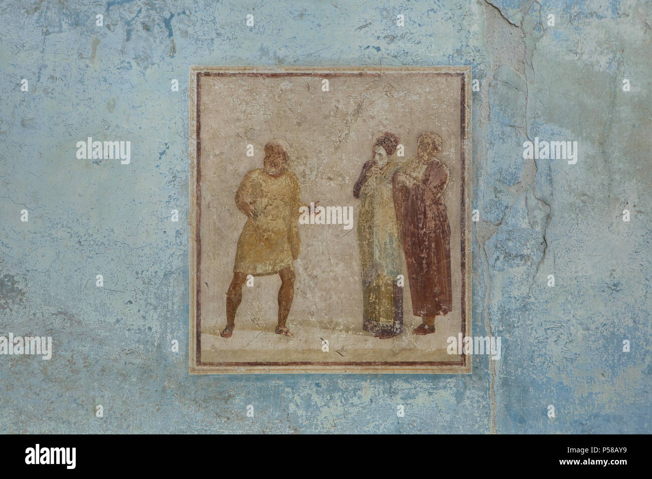 Theatralische Szene in das Fresko in der dritten Stil dargestellt im Atrium des Hauses der Casca Longus (Casa di Casca Longus) in die archäologische Stätte von Pompeji (Pompei) in der Nähe von Neapel, Kampanien, Italien. Stockfoto