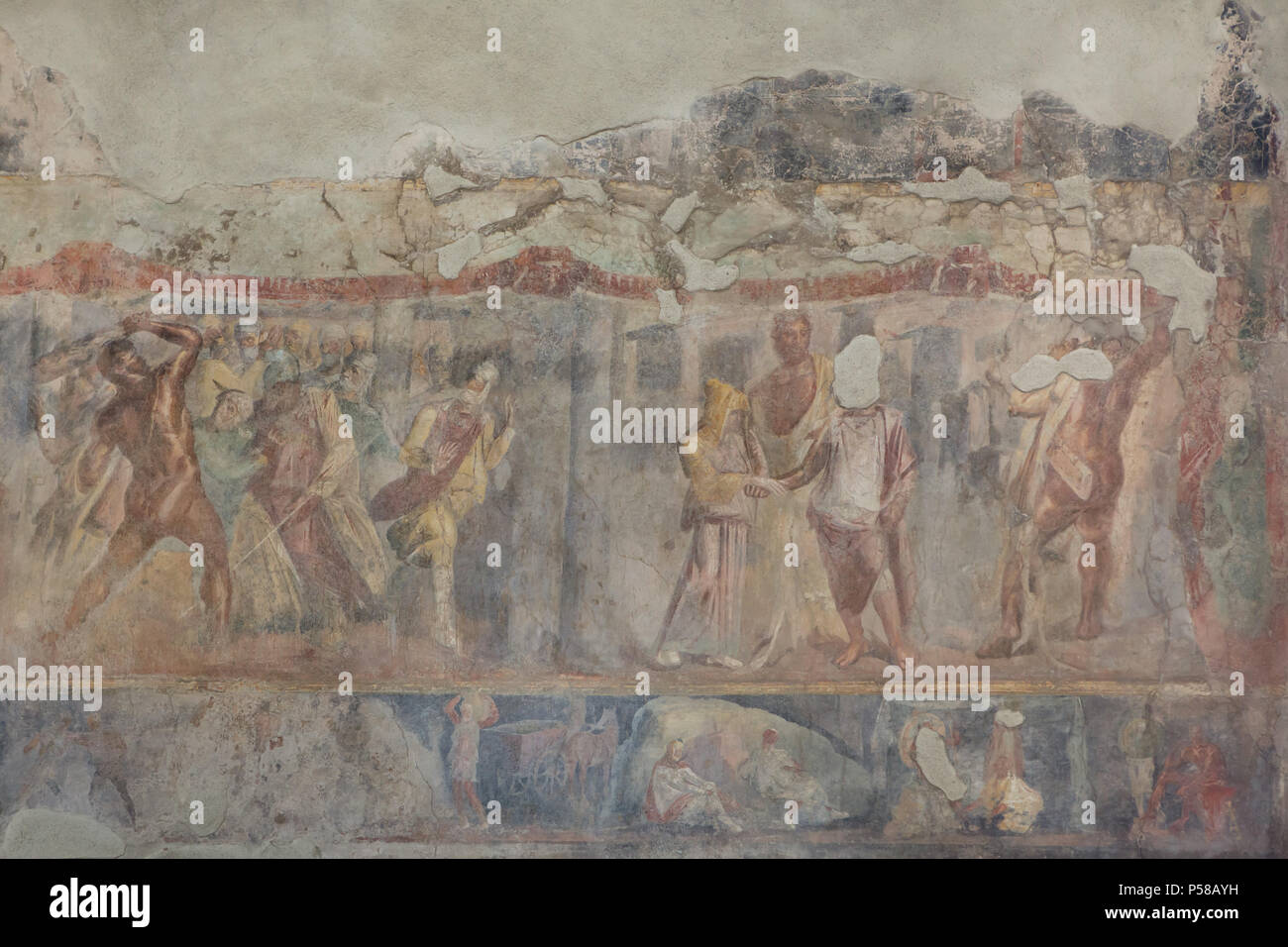 Herakles im Kampf gegen König Laomedon. Römischen Fresko in der TRICLINIUM (Römische Esszimmer) des Hauses Loreius Tiburtinus (Casa di Loreio Tiburtino) auch in die archäologische Stätte von Pompeji (Pompei) in der Nähe von Neapel, Kampanien, Italien bekannt als das Haus des Octavius Quartio (Casa di Ottavio Quartione). Stockfoto