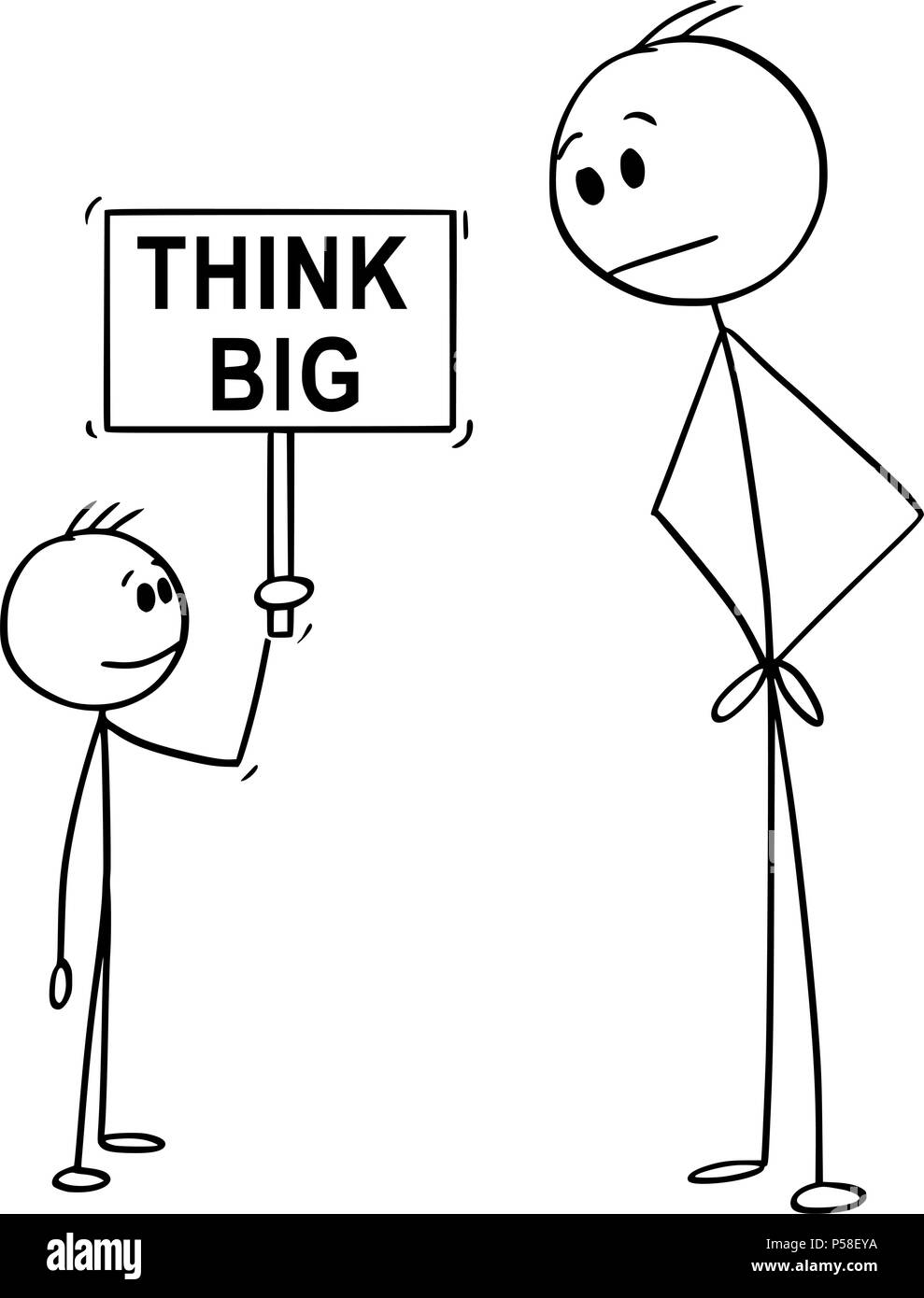 Cartoon von Mann und kleiner Junge Holding Think Big Sign Stock Vektor