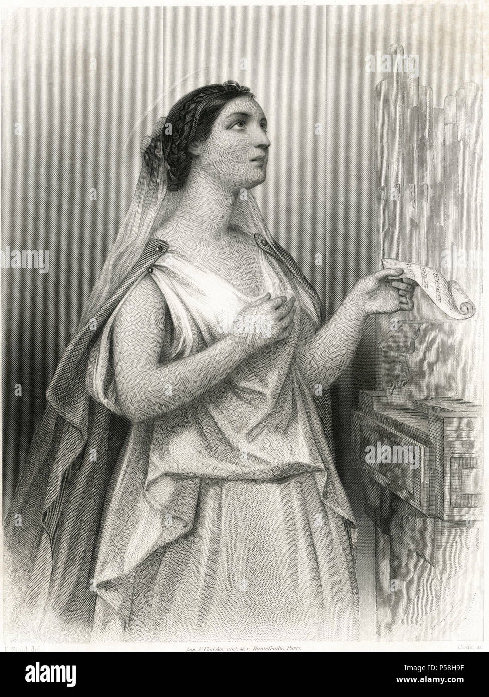 Die Saint Cecilia (2. Jahrhundert n. Chr.), christlicher Märtyrer und Schutzpatronin der Musiker, Kupferstich von Cook nach G. Staal, 1858 Stockfoto