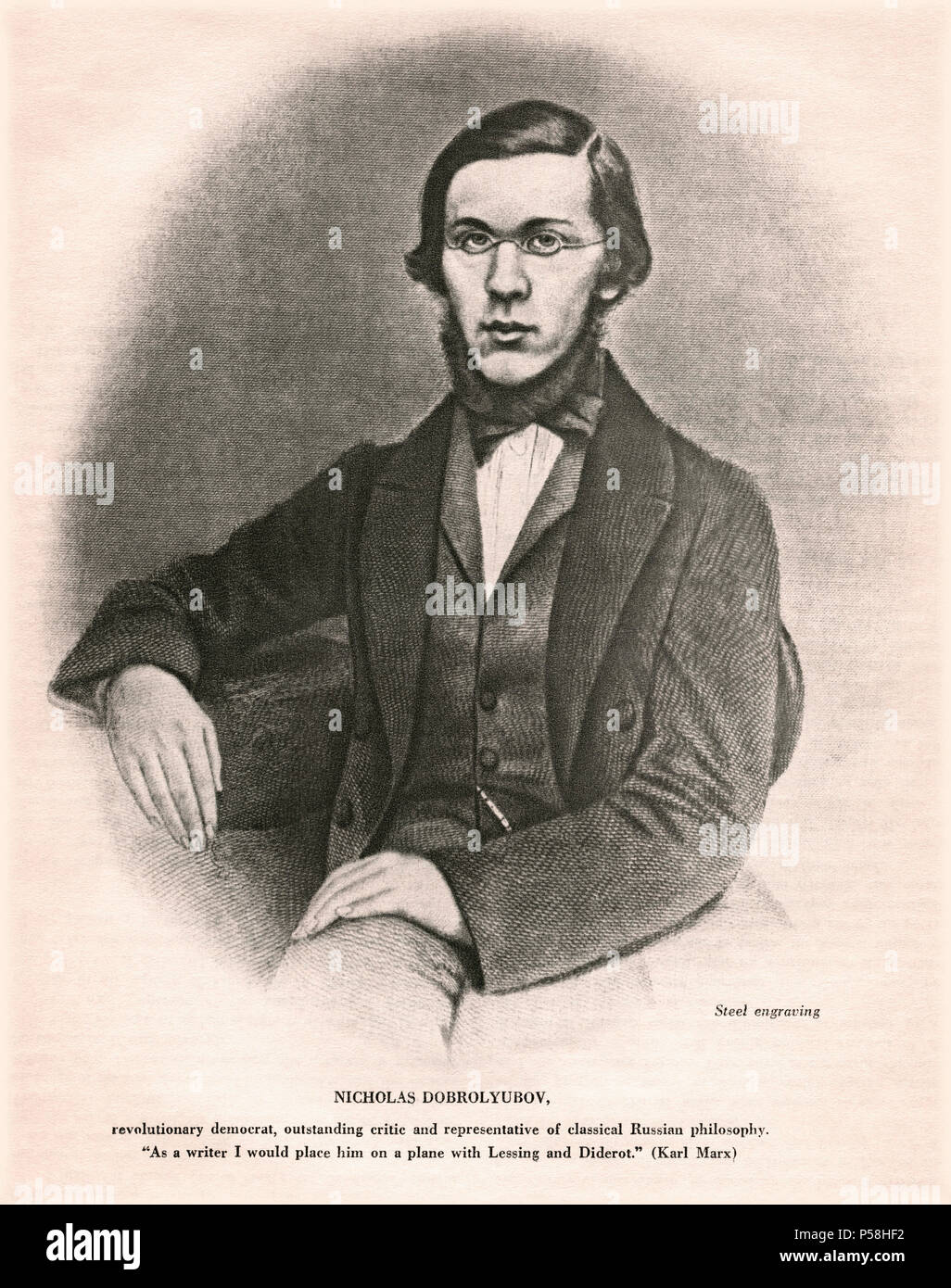 Nikolay Dobrolyubov (1836-61), russische Literaturkritiker, Publizist und Dichter, sitzt, Porträt, Stahlstich Stockfoto