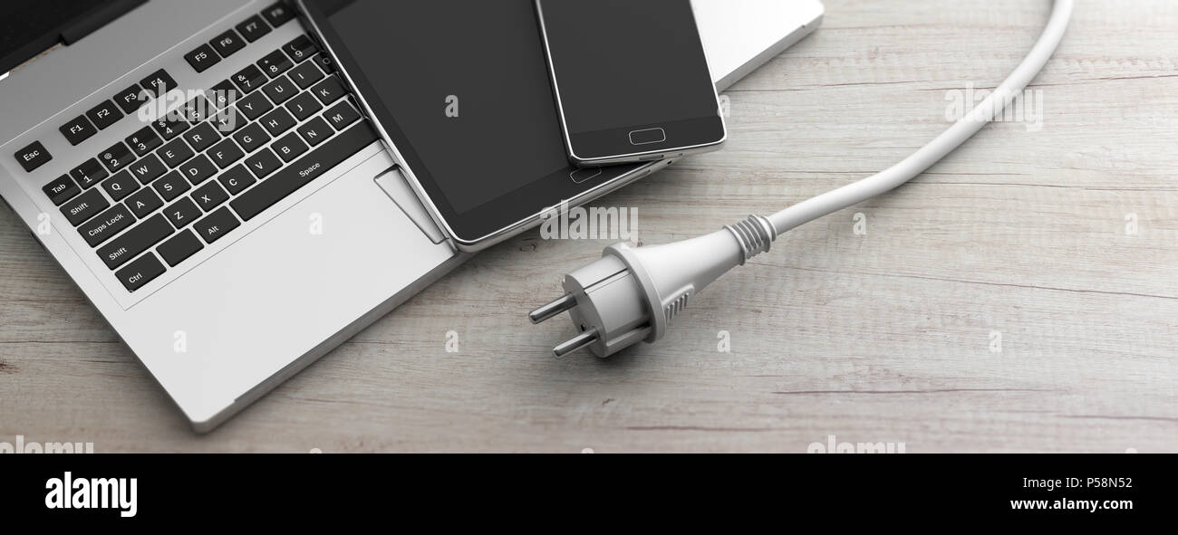 Elektronische Geräte laden Konzept. Computer, Laptop, Smartphone und Netzstecker auf hölzernen Hintergrund, Banner. 3D-Darstellung Stockfoto