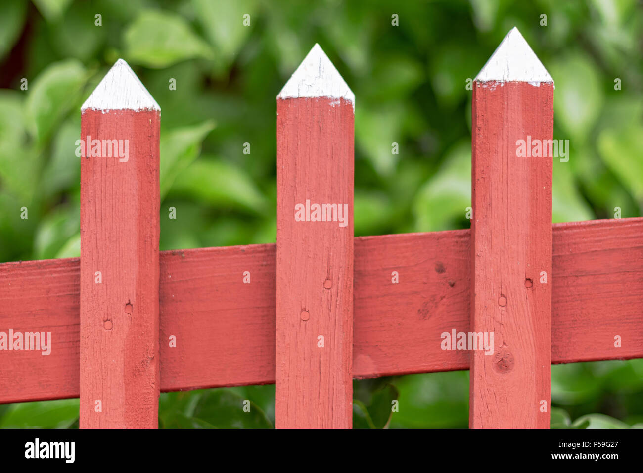 Detail einer traditionellen roten Holzzaun mit weißen spitzen Tops,  klassische schwedische Farben Stockfotografie - Alamy