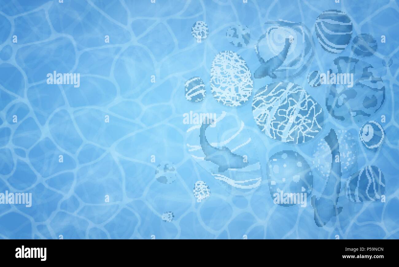 Sommer. Textur des blauen Wassers Oberfläche. Unterwasser Hintergrund mit Skizzen der verschiedenen Fische und Steinen. Flyer, Broschüre für Werbung und Design. Umrisse Silhouetten. Das Meer, auf das Meer. Vector Illustration Stock Vektor