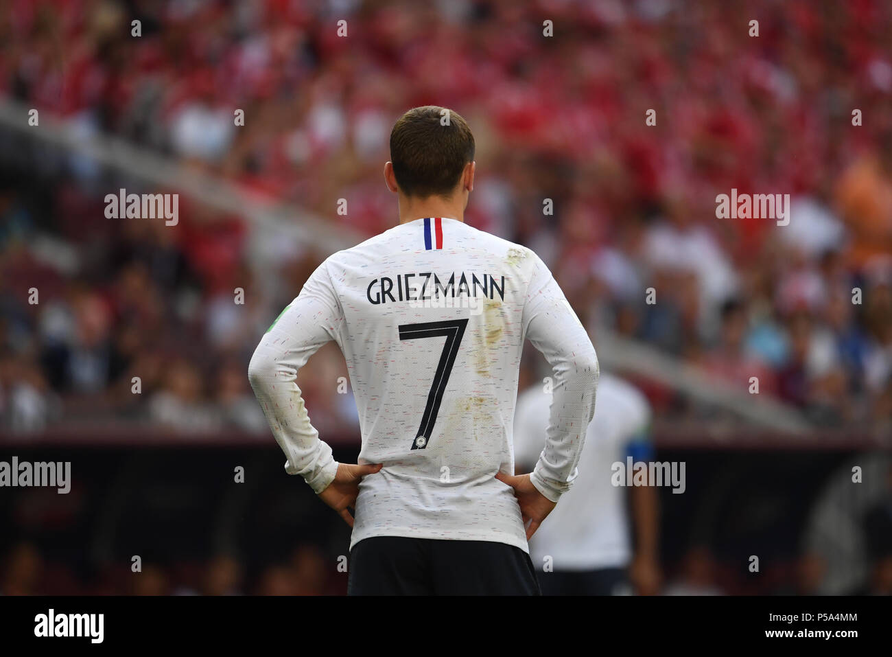 Moskau, Russland. 26 Juni, 2018. Fußball, Wm 2018, Vorrunde, Gruppe C, 3. Spieltag, Dänemark gegen Frankreich im Luschniki Stadion: Frankreichs Antoine Griezmann reagiert. Credit: Federico Gambarini/dpa/Alamy leben Nachrichten Stockfoto