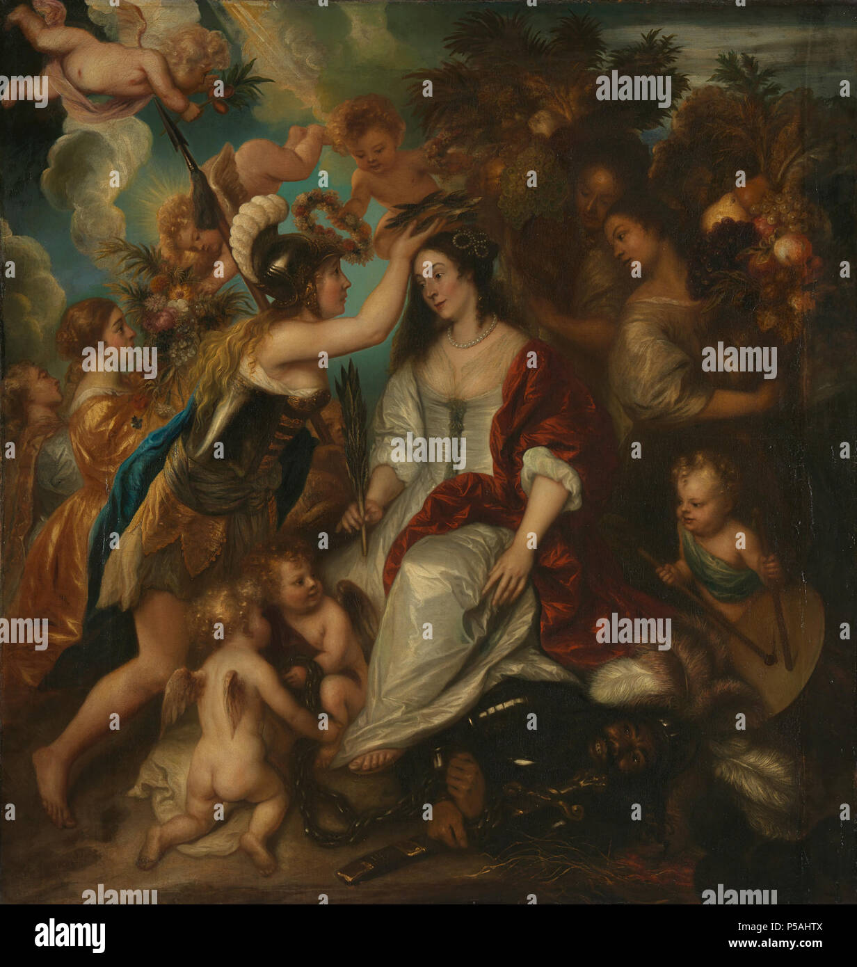 Allegorie des Friedens. Allegorie des Friedens. Die Sitzung weibliche Allegorie des Friedens wird von einer Frau, die in der Rüstung gekrönt, während die Allegorie des Krieges trampling unter ihren Füßen. Auf der rechten Seite Frauen sind die Körbe oder Hörner mit Obst und ein putto schlägt die Trommel. Links unten zwei Putten sind ändern Krieg. Auf der linken Seite sind Frauen mit Blumen begleitet von zwei Putten. 1652. N/A 19 Allegorie op de Vrede Rijksmuseum SK-A-612 Stockfoto