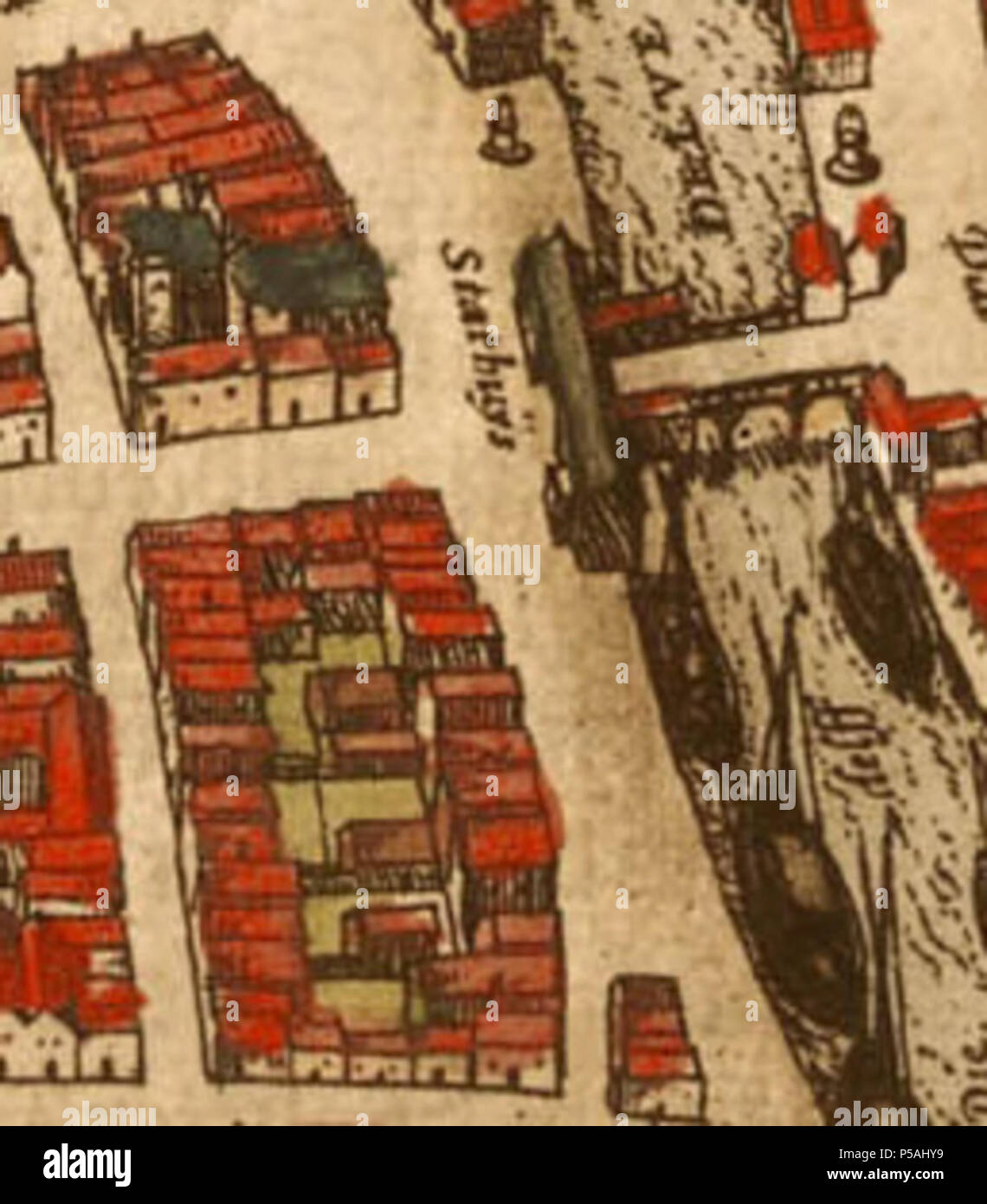 N/A. Deutsch: Das erste Rathaus in Emden. Ausschnitt aus Emden 1575 (Braun Hogenberg, Band II, 1. Auflage). 1575. Braun Hogenberg 507 EmdenaltesRathaus Stockfoto