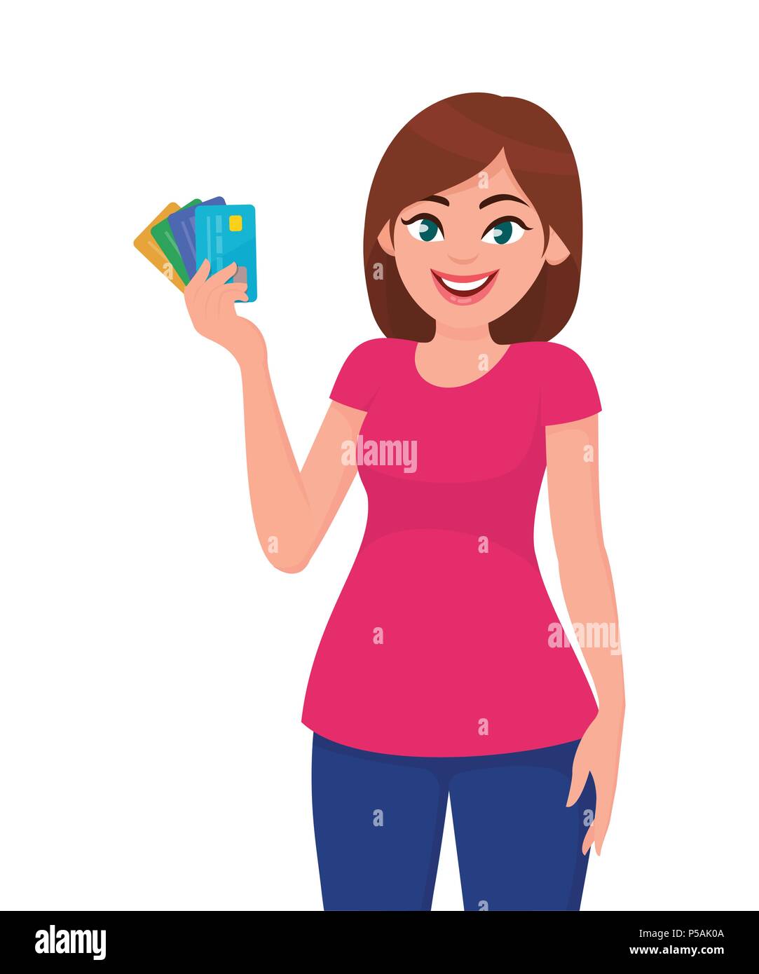 Junge Frau mit Bank credit/debit Karten in der Hand. Business und Finanzen Konzept Vektor Grafik im Comic-Stil. Stock Vektor