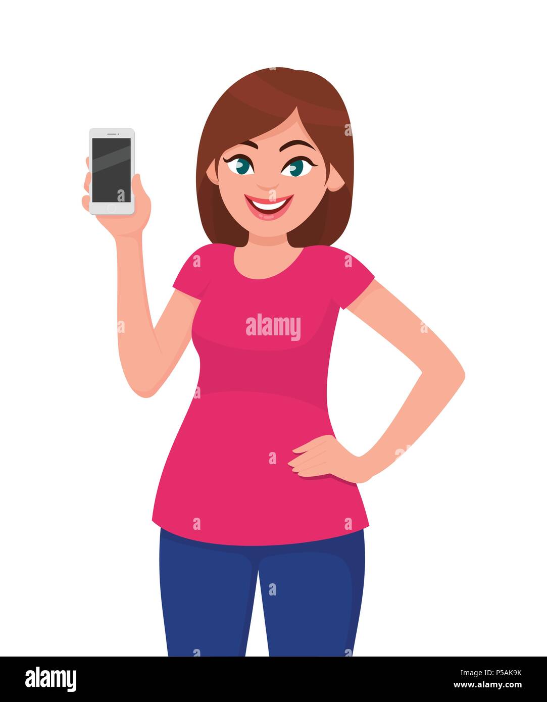 Junge Frau mit Handy/Smartphone. Menschliche Emotion und Körpersprache Konzept Abbildung in Vektor cartoon Flat Style. Stock Vektor