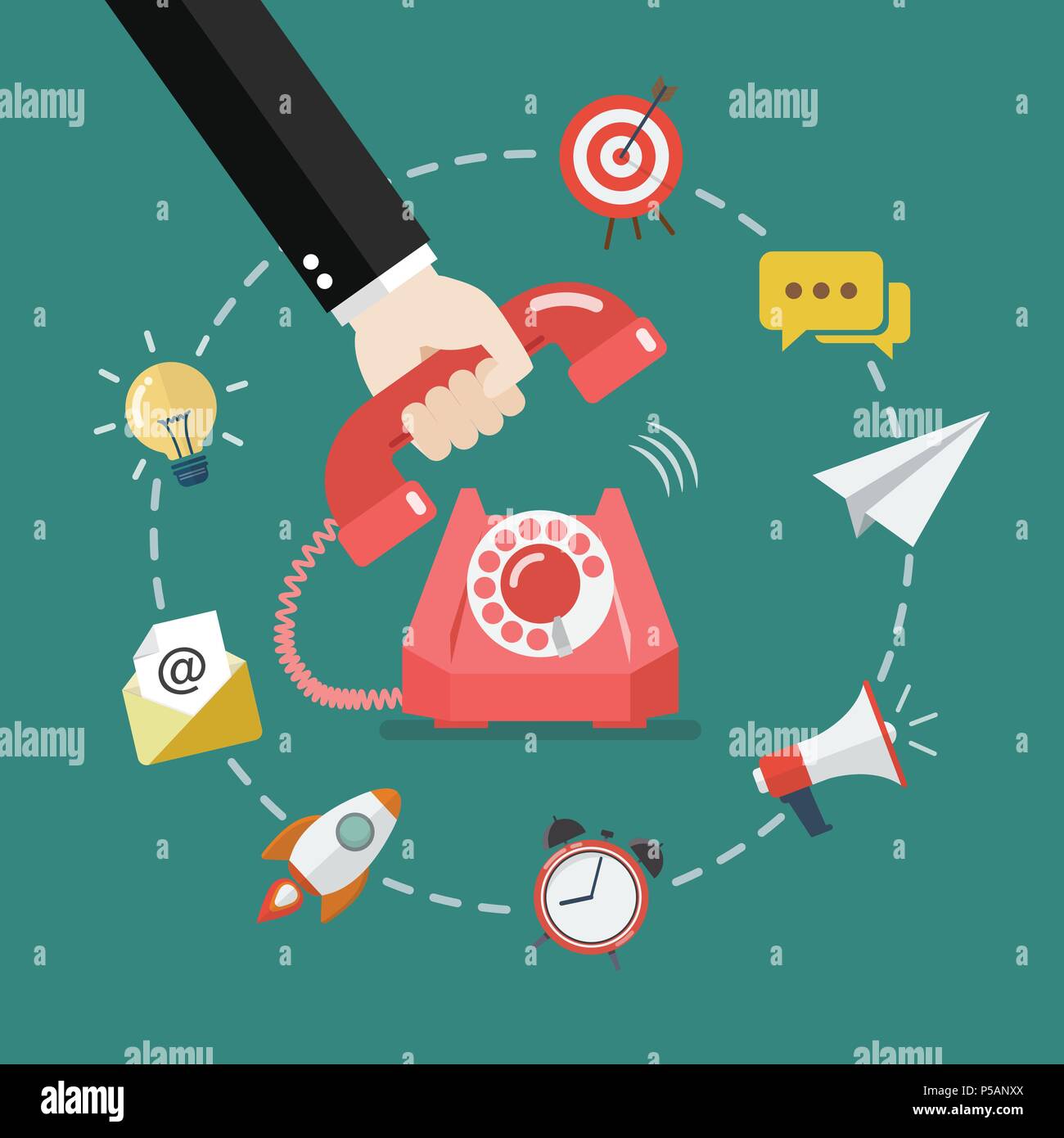 Hand Abheben des Hörers mit Business Icons. Vector Illustration Stock Vektor