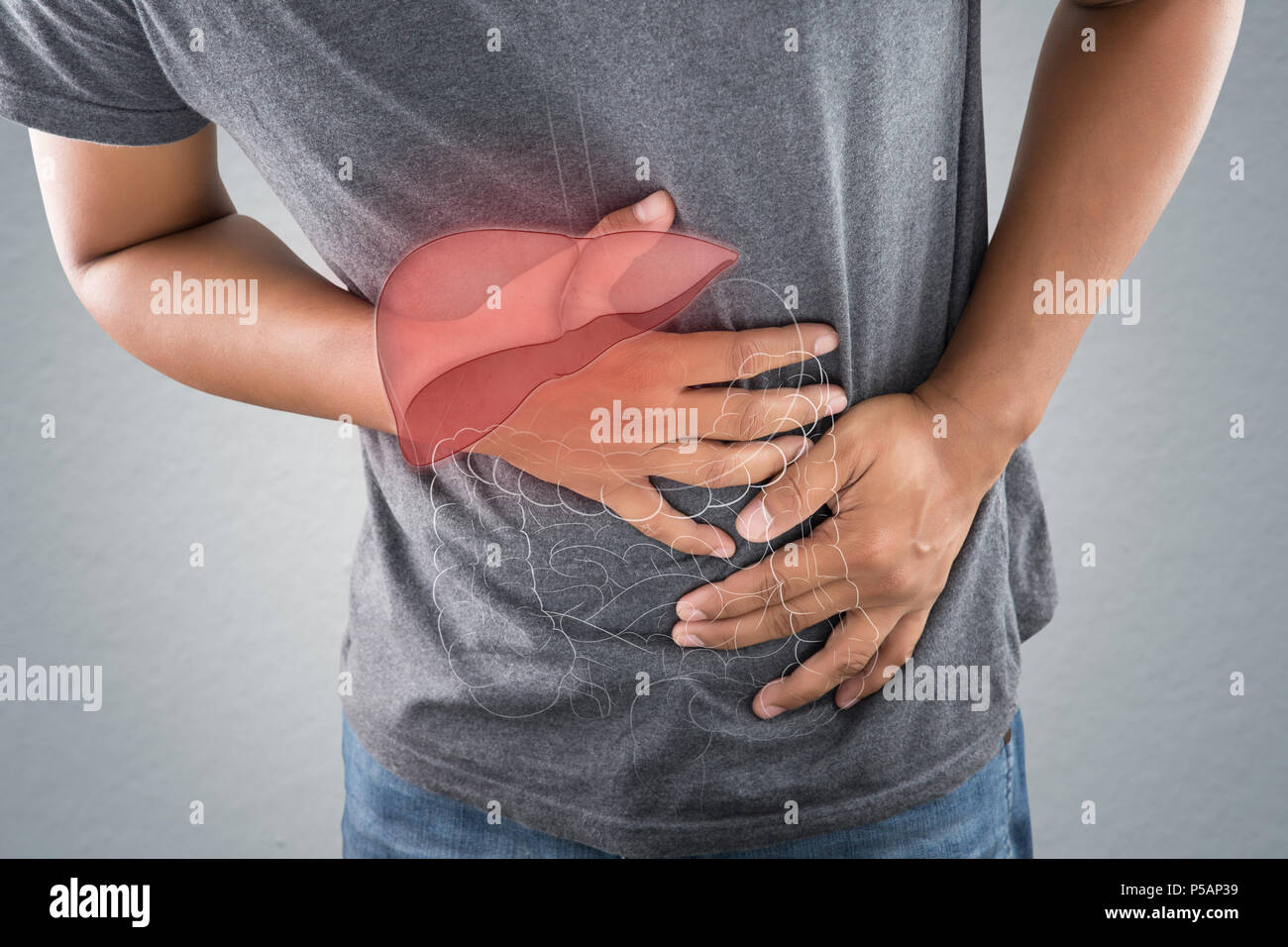 Das Foto der Leber ist auf den Körper des Menschen gegen den grauen Hintergrund, Lebererkrankung oder Hepatitis, Konzept mit body problem und männliche Anatomie Stockfoto