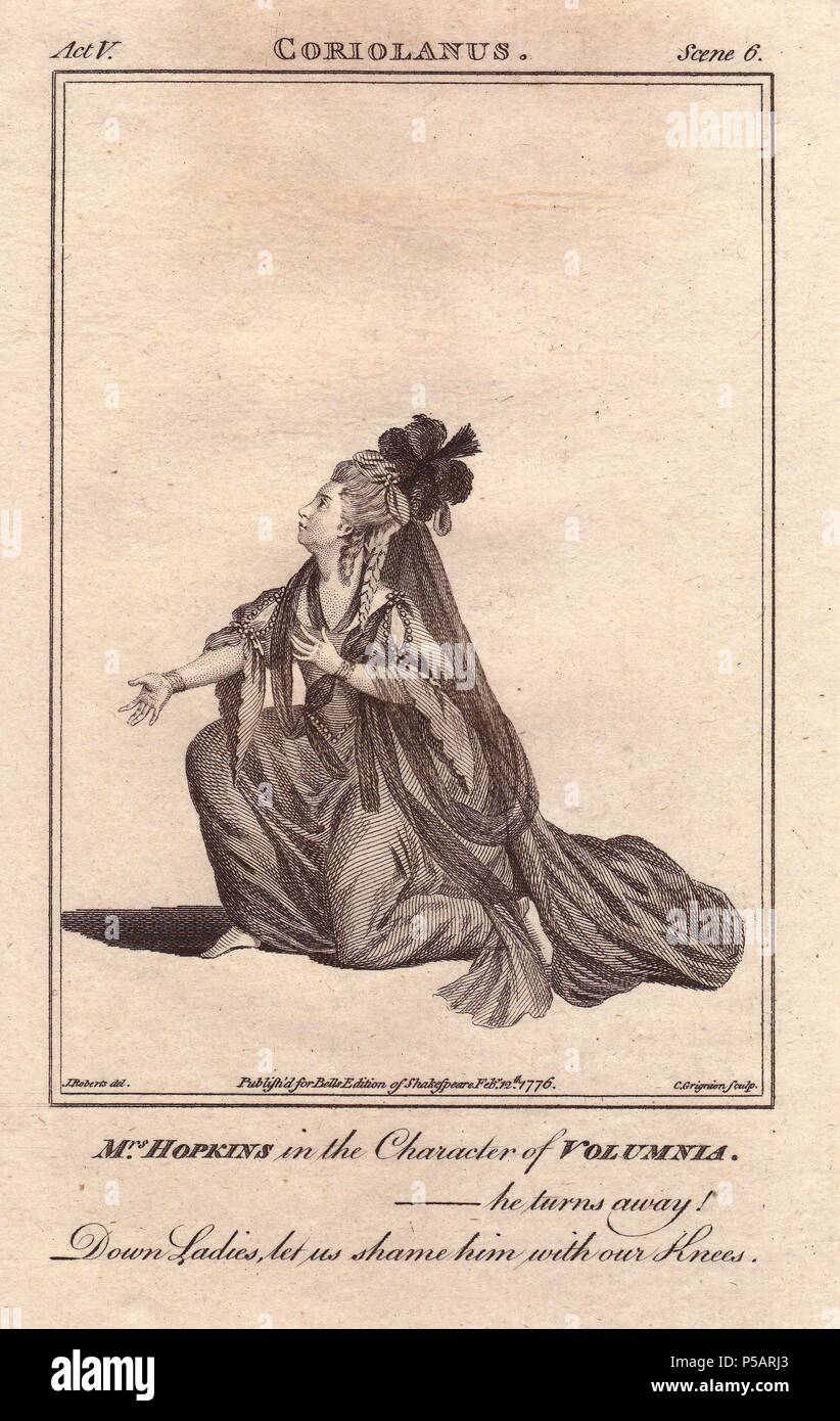 Frau Elizabeth Hopkins als Volumnia in 'Coriolanus.'. . Sie war die Gattin des Drury Lane prompter William Hopkins und hatte einen langen Karriere am Theater für 34 Jahre.. . Kupferstich von 'Bell's Shakespeare" von John Bell, London, von 1776 bis 1785 veröffentlicht. Illustration von James Roberts, gestochen von Grignon. Stockfoto