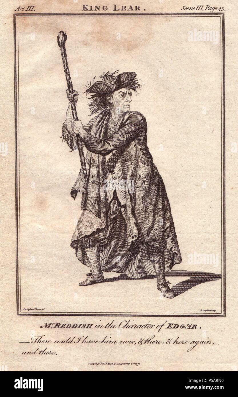 Herrn Samuel Rötlich wie Edgar in "König Lear". . Kupferstich von 'Bell's Shakespeare" von John Bell, London, von 1775 veröffentlicht. Von Parkinson gezeichnet. Stockfoto