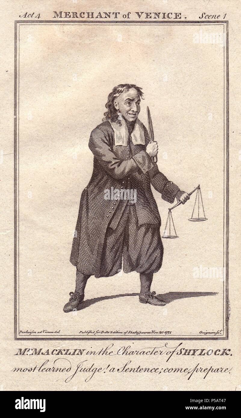 Charles Macklin als Shylock in "Der Kaufmann von Venedig". Charles Macklin (1690-1797) war ein Schauspieler und Dramatiker aus Irland. Shylock seine berühmteste Rolle war und ist, eine Waage und ein Messer, bereit, ein Pfund Fleisch zu nehmen. . . Kupferstich von 'Bell's Shakespeare" von John Bell, London, von 1775 veröffentlicht. Von Parkinson gezeichnet. Stockfoto