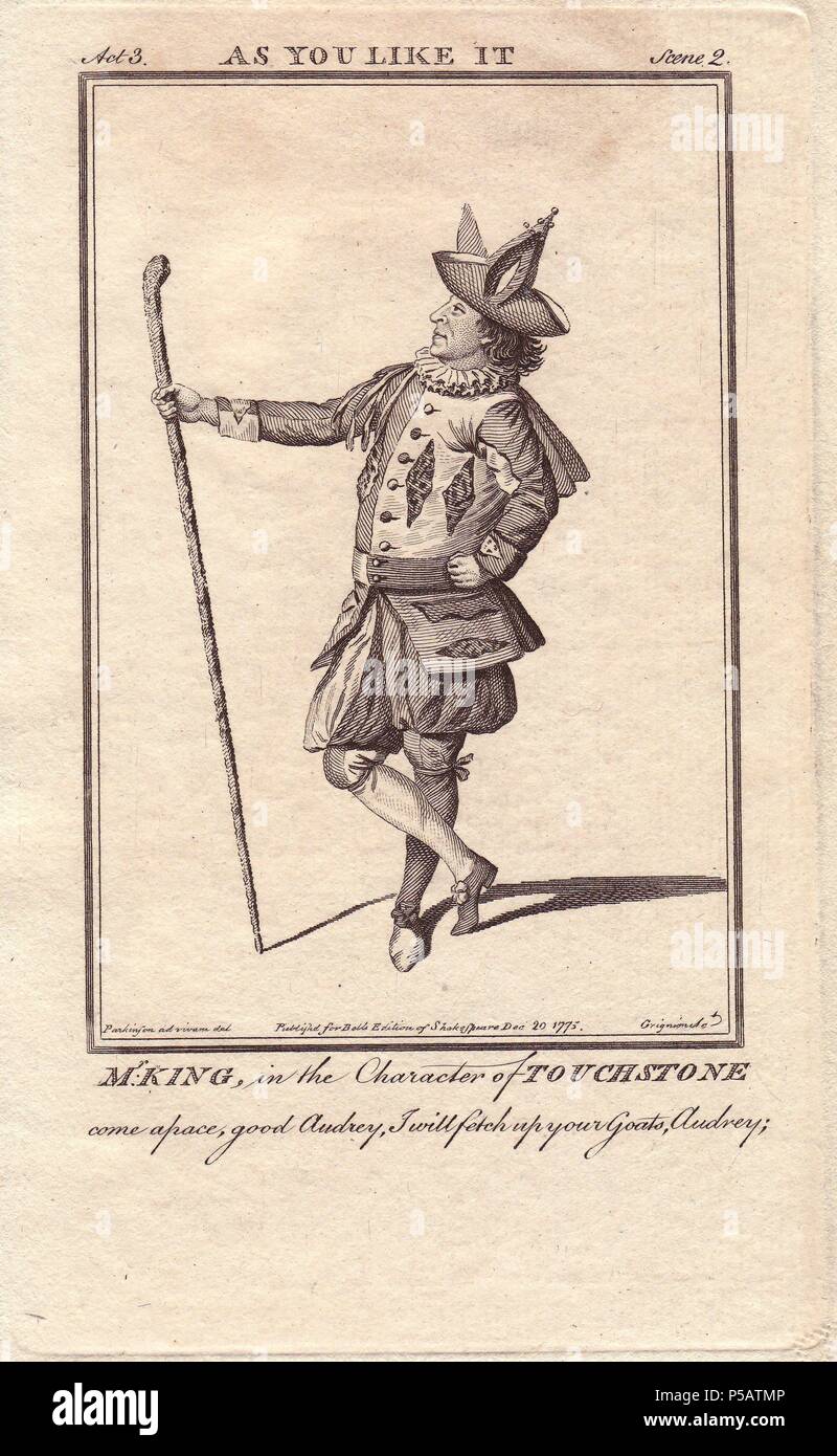 Thomas König als Prüfstein in "Wie es euch gefällt". . Aus Irland, Thomas König sein Debüt auf der Bühne in London im Jahre 1759, und wurde zu einem der bedeutendsten Schauspieler des Jahrhunderts. . . Kupferstich von 'Bell's Shakespeare" von John Bell, London, von 1775 veröffentlicht. Von Parkinson gezeichnet. Stockfoto