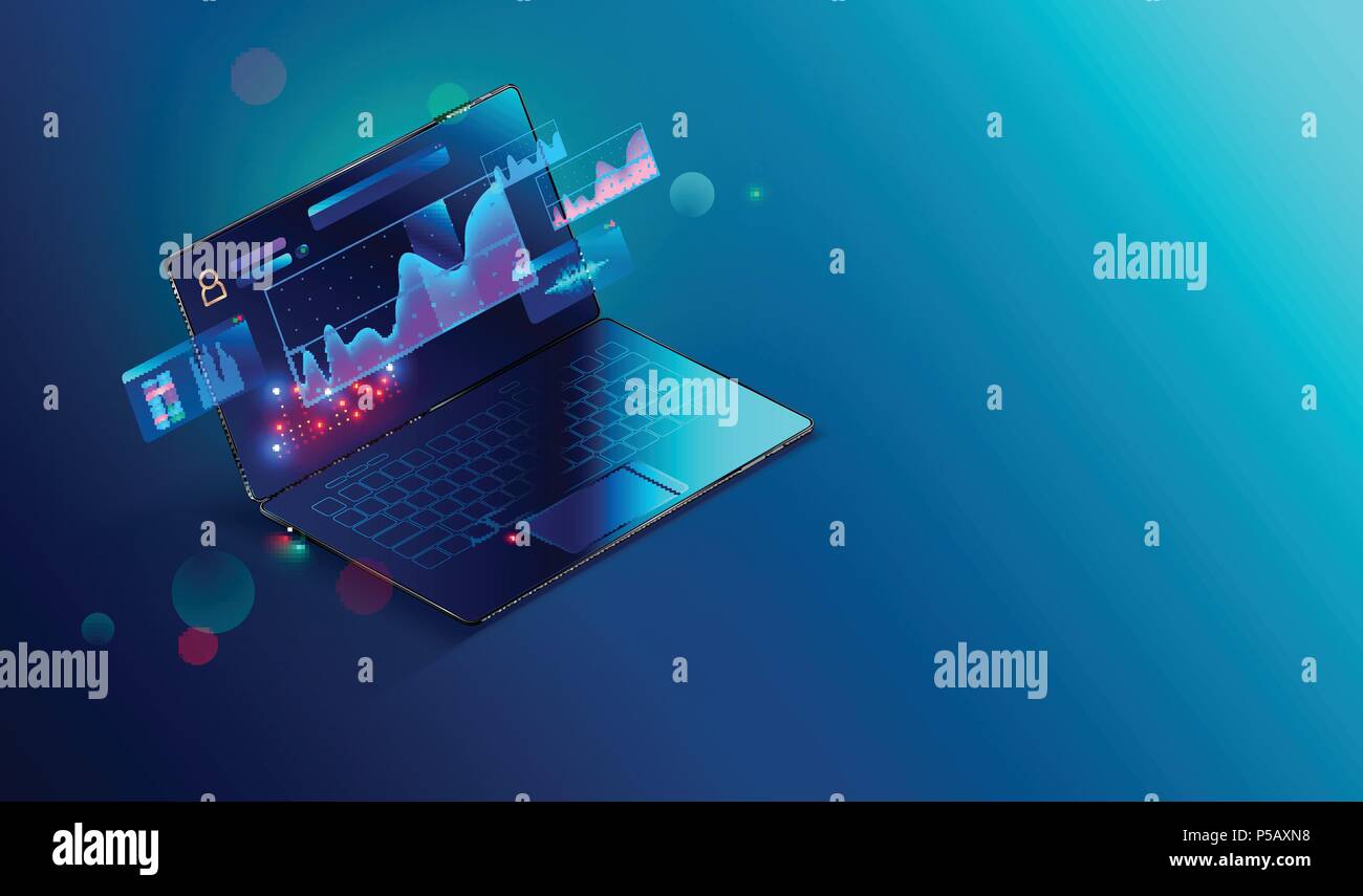 Finanzielle analytische und Business Infografik Elemente auf dem Bildschirm Laptop. Finanzierung von Grafiken, die Analyse von Daten und Diagramme von Investitionen und Handel. Isometrische 3D-Vektor. Geschäftskonzept. Stock Vektor