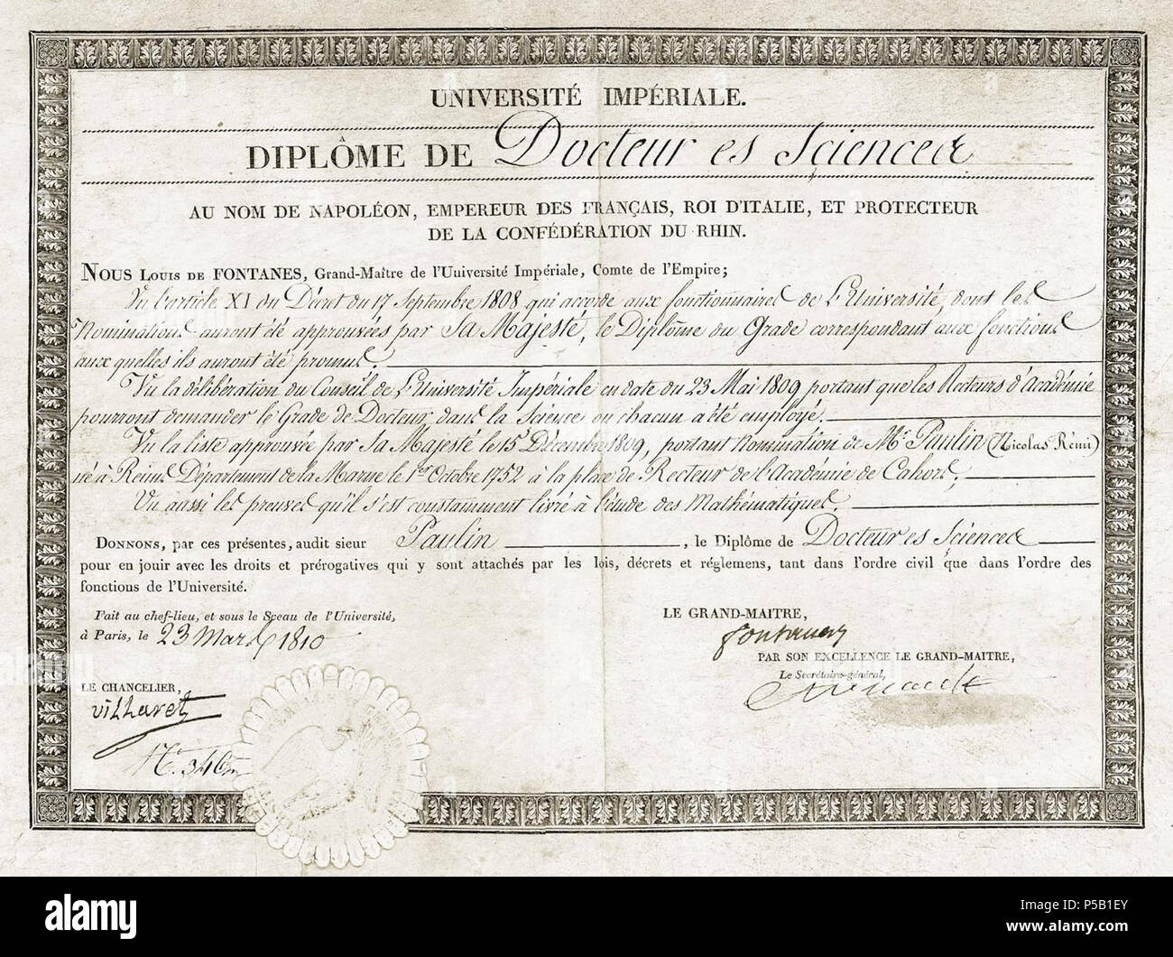 N/A. Diplôme de doctorat ès Sciences. 1810. Louis-Marcelin de Fontanes (1757-1821) Alternative Namen Jean-Pierre Louis de Fontanes Beschreibung französischer Politiker, Dichter, Schriftsteller und Literaturkritiker Datum der Geburt / Tod vom 6. März 1757 17. März 1821 Ort der Geburt / Todes Niort Paris arbeiten Standort Paris Aufsicht: Q 1296217 VIAF: 54197836 ISNI: 0000 0001 1816 0043 LCCN: Nr 90011001 Open Library: OL 1386284 EINEN GND: 119003872 WorldCat 456 DiplomedocteurSc 1810 Stockfoto