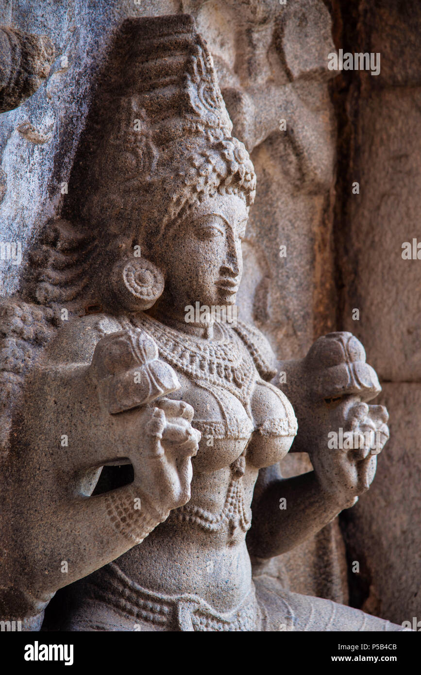 Geschnitzte Götzen in Gangaikondacholapuram Tempel. Thanjavur, Tamil Nadu, Indien. Shiva Tempel hat den größten Lingam in Südindien Stockfoto