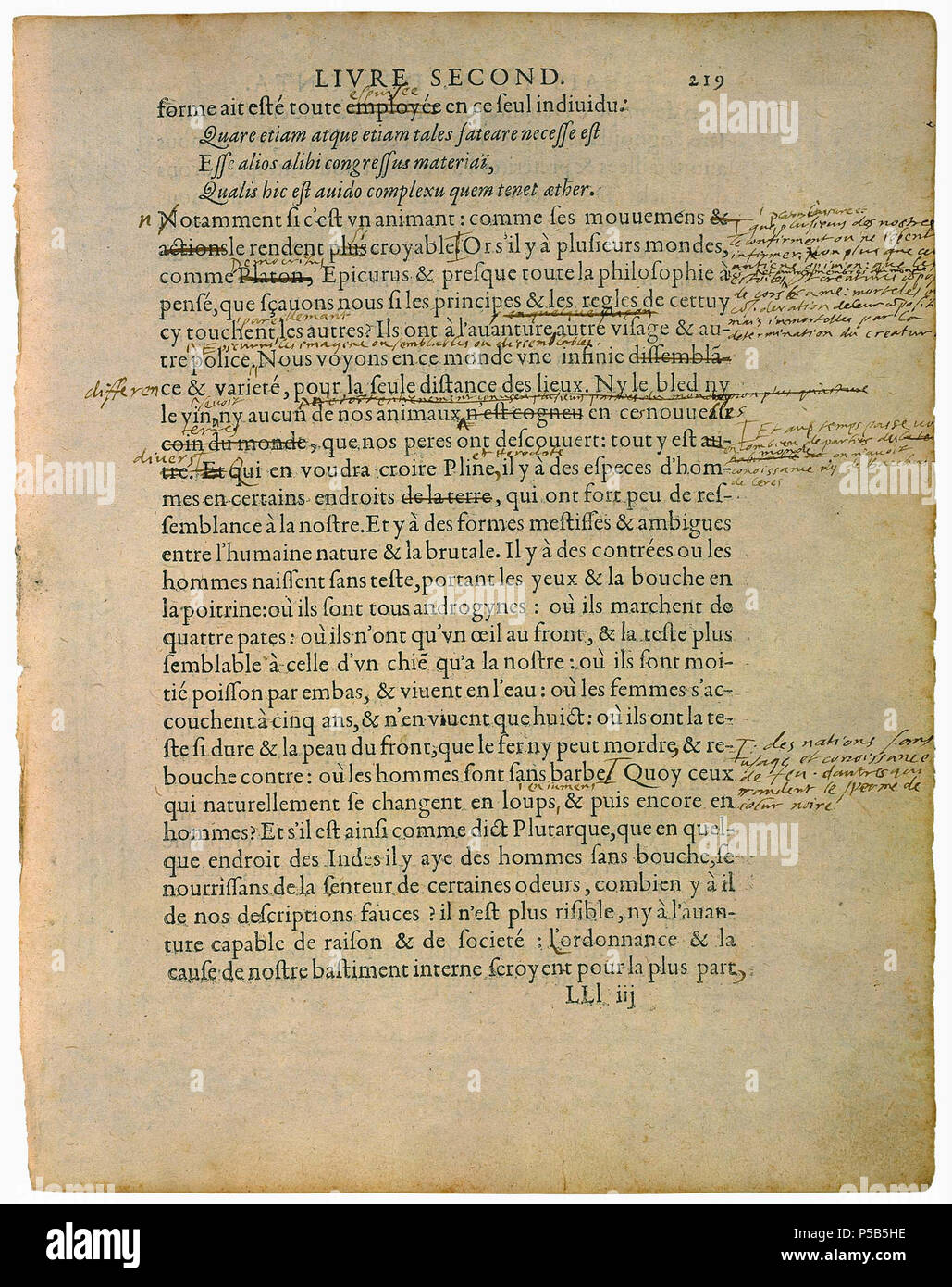 N/A. Français: Essais, Éd de Bordeaux. 1595. Montaigne. 528 Essais-Livre 2-0227 Stockfoto