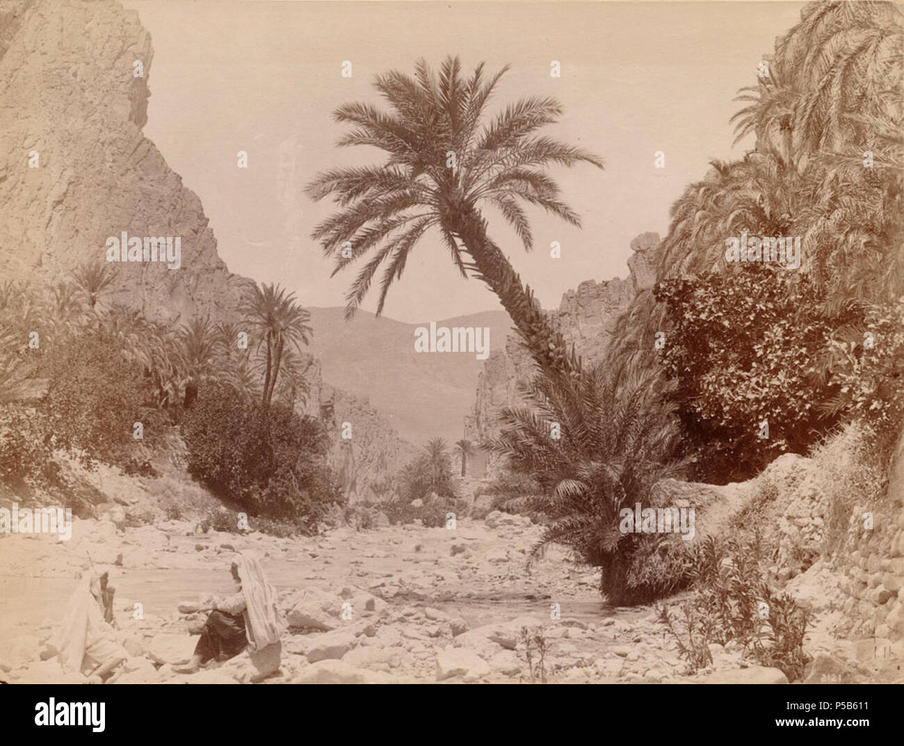 N/A. Englisch: BPLDC Art.Nr.: 08 04 000337 Seite Titel: El Kantara Sammlung: Tupper Scrapbooks Collection Album: Band 1: Algerien. Call Art.Nr.: 4098B104 v1 (s. 13) Creator: Tupper, William Vaughn Genre: Scrapbooks; Albumen prints Umfang: 1 Foto auf Seite montiert: albumen; Seite 33 x 39 cm. Beschreibung: Scrapbook Seite enthält ein Foto, ein Pass in der aures Berge, mit kommentierten Informationen über die Topographie, Laub, und die Architektur der Gegend. Transkription: Schlucht in Djebel Metlili-Pass in der aures Mts die Barriere zwischen den Ackerflächen Algeriens und der d Stockfoto