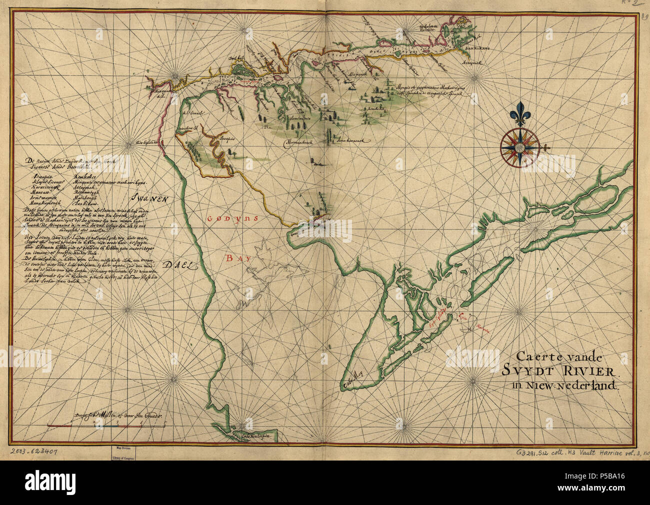 N/A. Englisch: seekarte von zwaanendael (wanendael') und Godyn's Bay in New Holland. Zwaanendael war ein patroonship von Samuel Godyn, Direktor der Dutch West India Company gegründet, im Jahr 1629. Godyn sein Land Anspruch auf die West India Company unter der Gerichtsbarkeit der Charta der Grundfreiheiten und Ausnahmen. Nach kurzer Zeit die ersten 32 Bewohner wurden von lokalen Indianer und Godyn ermordet sein Land verkauft, die auf der West India Company. Die West India Company gehalten die Namen der lokalen Bereich, einschließlich Godyn's Bay, die schließlich zu Delaware Bay. Tusche und Aquarell mit pictoria Stockfoto