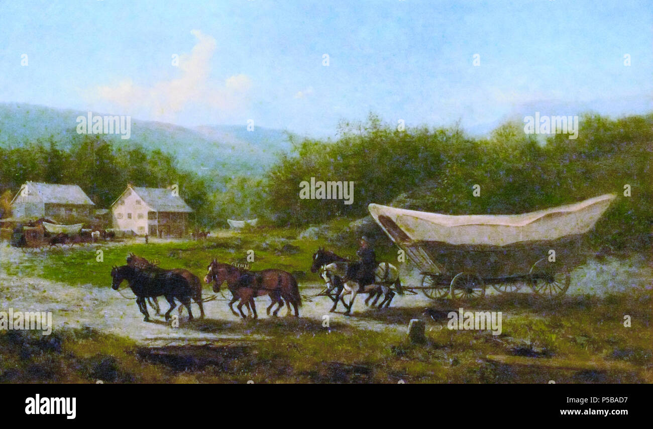 N/A. Englisch: Conestoga Wagon (1883) von Chesterfield Hough Trotter (1827-1898). Malerei im Staatlichen Museum von Pennsylvania Nederlands: Conestoga Wagon (1883) Tür Newbold Hough Trotter (1827-1898). Schilderij in het State Museum von Pennsylvania. 1883. Foto Ad Meskens der Malerei durch Newbold Hough Trotter (1827-1898) 374 Conestoga Wagon 1883 Stockfoto