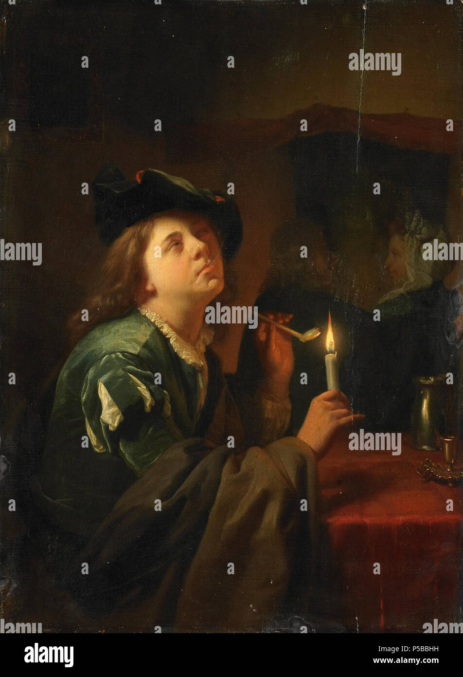 'Verschil van Smaak'. Nederlands: Voorstelling getiteld 'Verschil van Smaak'. Een Mann heeft met een kaars zijn De Pijp aangestoken, Op de achtergrond een Mann en een Vrouw. Anhänger van SK-A-368. . Zwischen 1685 und 1690. N/A5 'Verschil van Smaak 'Rijksmuseum SK-A-369 Stockfoto