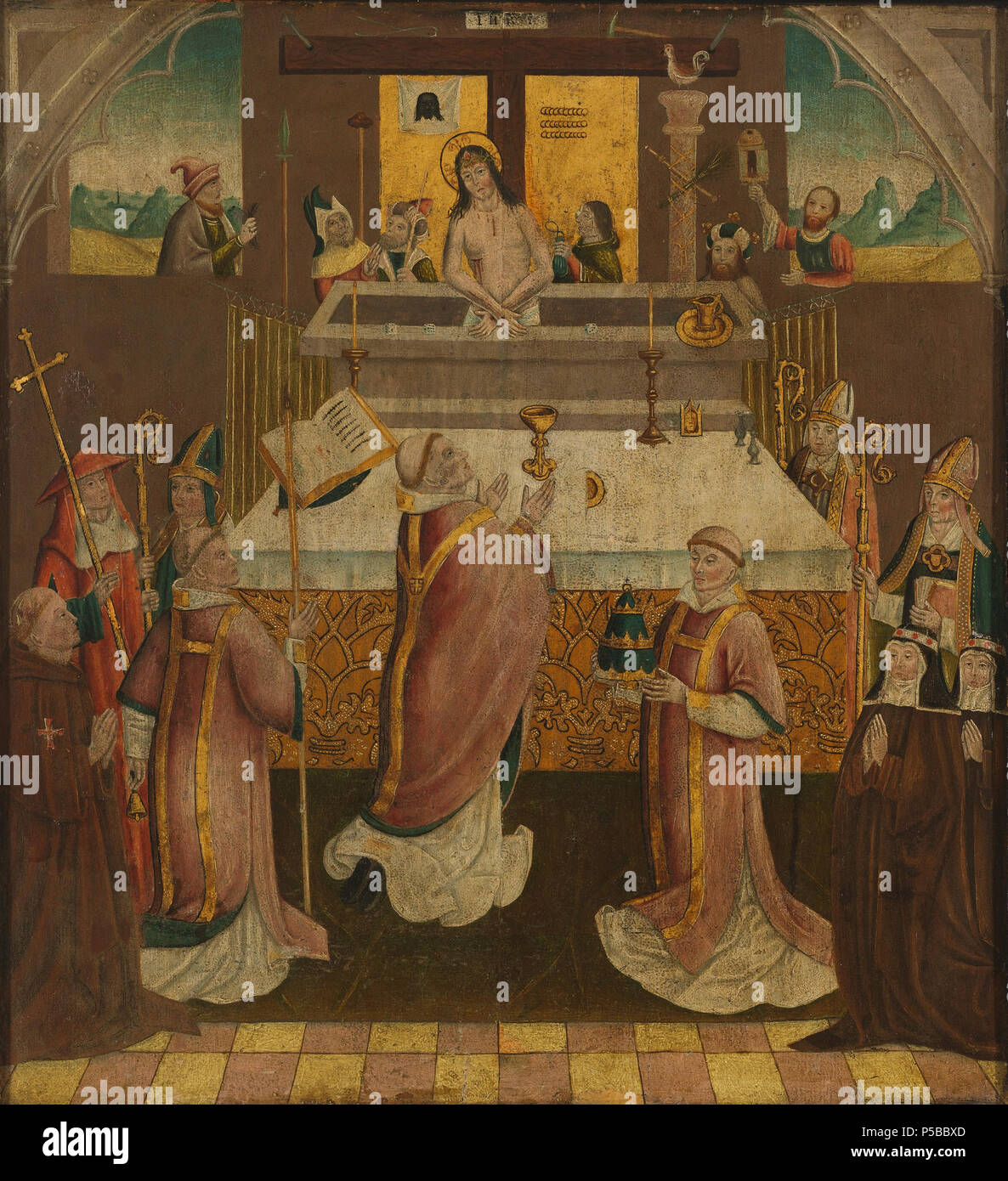 De mis van de heilige Gregorius. Nederlands: De mis van de heilige Gregorius. Gregorius knielt voor het altaar en Ziet het visioen van Christus verrijzend uit het Graf omringd door de passiewerktuigen. Links knielen de vier kerkvaders, dsub een monnik met de Tiara, twee Nonnen van de brigittenorde en Twee bisschoppen. Afkomstig uit Het Klooster van de Mariënwater Koudewater brigittenorde te. . 1500. N/A424 De mis van de heilige Gregorius Rijksmuseum SK-A-2800 Stockfoto
