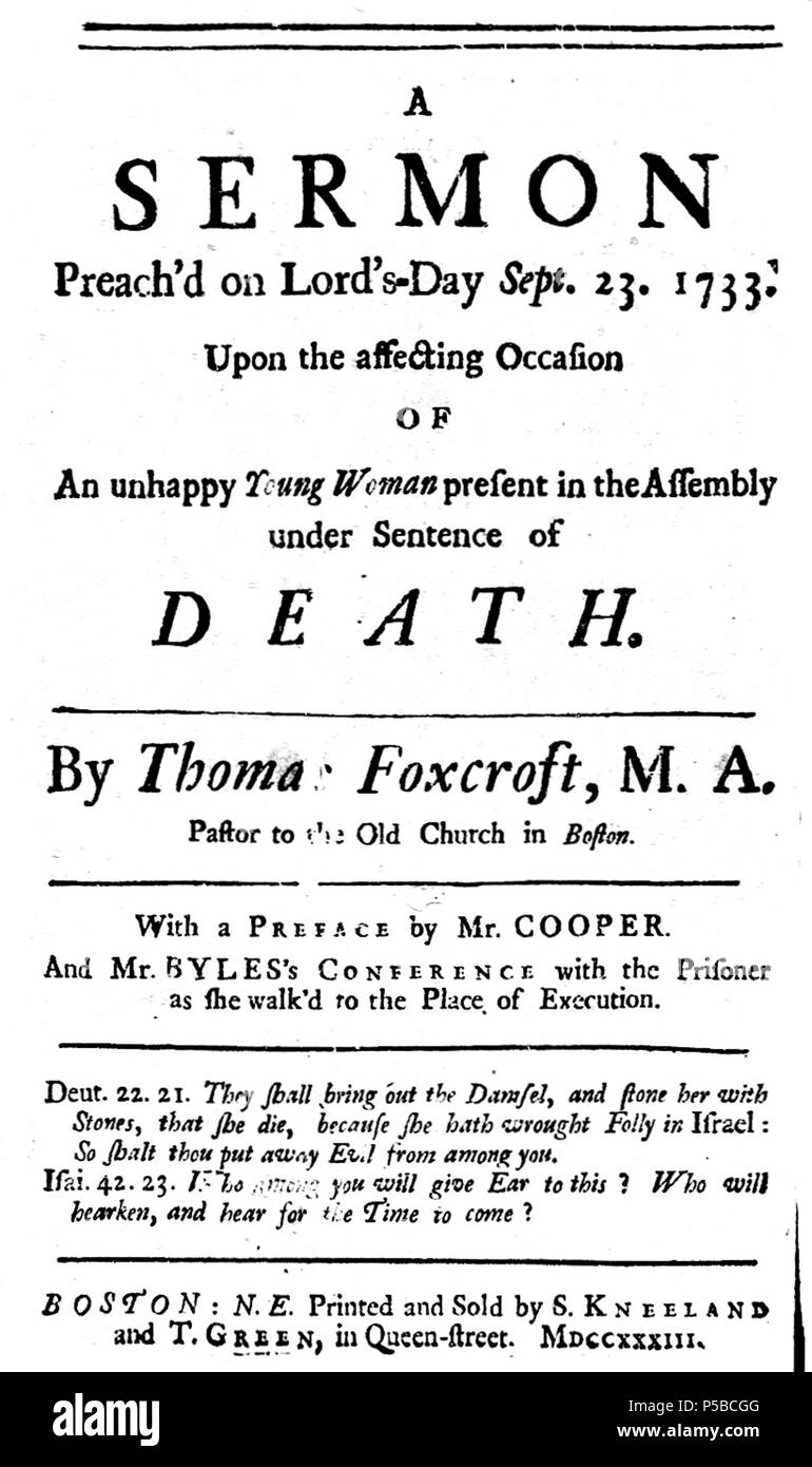 N/A. Lehren aus Vorsicht an die jungen Sünder. Eine Predigt Predigt "auf den Herrn - Tag Sept. 23. 1733. Auf die, die anlässlich einer unglücklichen jungen Frau [d.h., Rebekka Chamblit] in den Montage zum Tode verurteilt. Von Thomas Foxcroft, M.A. Pastor an der Alten Kirche in Boston. Mit einem Vorwort von Herrn Cooper. Und Herr Byles Konferenz mit dem Gefangenen, wie sie zum Ort der Ausführung ging. 1733. Thomas Foxcroft 22 1733 YoungWoman byThomasFoxcroft Boston Stockfoto
