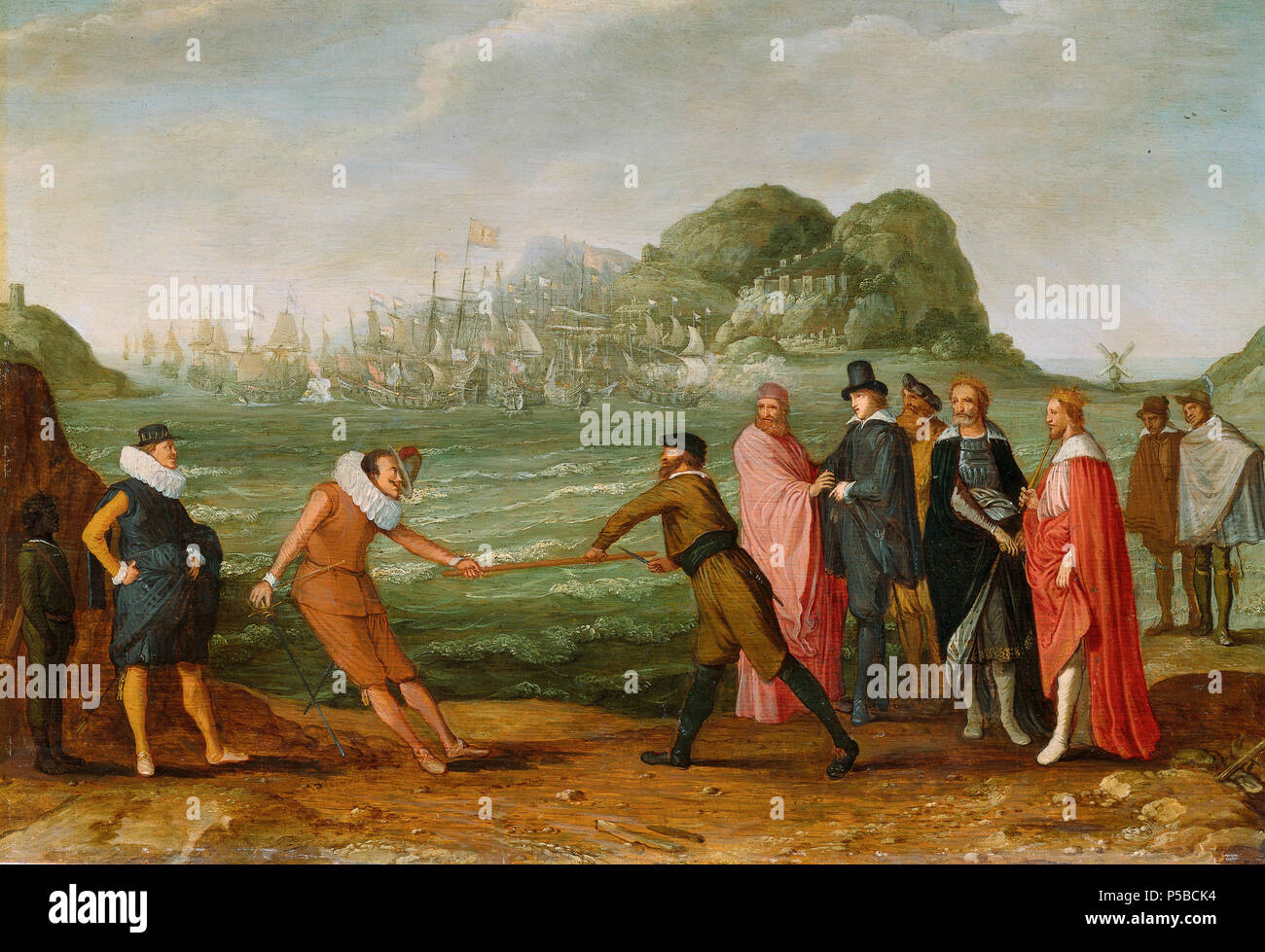 Allegorie auf den Sieg der Niederländischen über die spanische Flotte bei Gibraltar, 25. April 1607. Allegorie auf den Sieg der Niederländischen über die spanische Flotte bei Gibraltar, 25. April 1607. Am Strand ein Holländer und Spanier einander über einen Stick kämpfen, während ein Engländer und einem Venezianischen beobachten. Im Hintergrund ein navale Schlacht findet. ca. 1615-1630. N/A86 Allegorie op de overwinning van de Hollandse op de Spaanse vloot bij Gibraltar, 25. April 1607 Rijksmuseum SK-A-4116 Stockfoto
