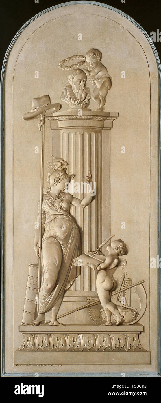 Allegorie op de vrijheid. Nederlands: Symbolische Abbildung van de vrijheid Ware. In Haar rechterhand houdt zij een met een gehackt bekroonde stok. Met Haar linkerhand wijst zij naar de portretbuste van Johan van Oldenbarnevelt op de zuil. Dsub naast de buste een Putto met een lauwerkrans in zijn rechterhand. Rechts onder aan de zuil een schrijvende Putto met Boek en veer en enkele Attributen. Links een boek. . 1790. N/A86 Allegorie op de vrijheid Rijksmuseum SK-A-4262 Stockfoto