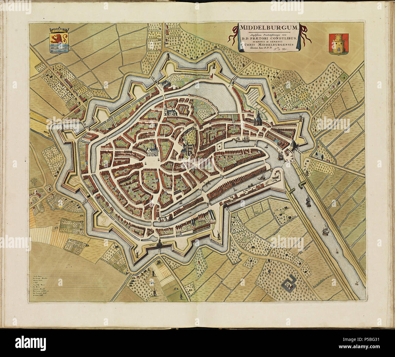 Latina: Theatrum Urbium ichnographicum omnium et oppidorum praecipuorum Belgicarum XVII Provinciarum peraccurate delineatarum. Nederlands: Perfekte aftekeningen der steden van de XVII Nederlandsche Provincien im Platte gronden Français: Le Theater des Plans de toutes les Villes qui sind situéez dans les XVII Provinzen du Pays Bas parfaictement déseignéez. Nederlands: Plaat "PL036" (Middelburg) uit het Stedenboek van Frederick de Wit. Englisch: Platte "PL036" (Middelburg) vom Stedenboek (citybook) von Frederick de Wit. . Ca. 1698. N/A 145 Atlas de Wit 1698-pl 036 - Middelburg-KB PPN 145205088 Stockfoto