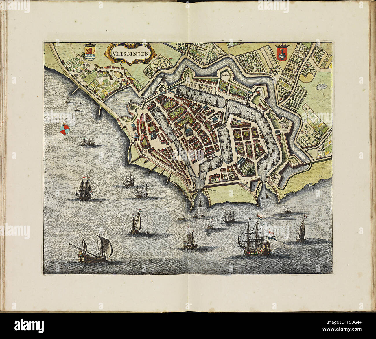 Latina: Theatrum Urbium ichnographicum omnium et oppidorum praecipuorum Belgicarum XVII Provinciarum peraccurate delineatarum. Nederlands: Perfekte aftekeningen der steden van de XVII Nederlandsche Provincien im Platte gronden Français: Le Theater des Plans de toutes les Villes qui sind situéez dans les XVII Provinzen du Pays Bas parfaictement déseignéez. Nederlands: Plaat "PL040" (Vlissingen) uit het Stedenboek van Frederick de Wit. Englisch: Platte "PL040" (Vlissingen) vom Stedenboek (citybook) von Frederick de Wit. . Ca. 1698. N/A 145 Atlas de Wit 1698-pl 040 - Vlissingen - KB PPN 145205088 Stockfoto