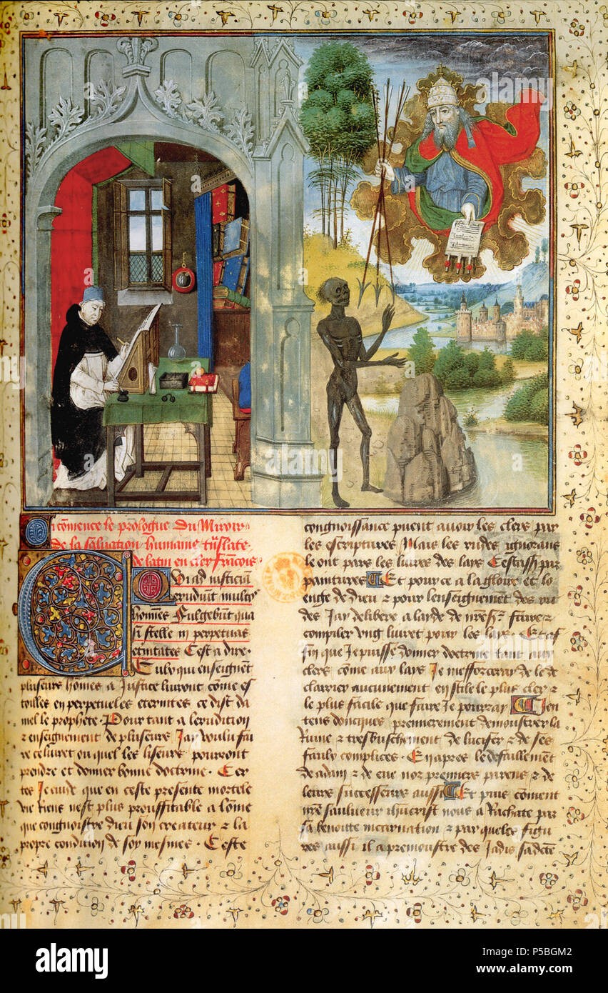 N/A. Englisch: auf der ersten Seite von Jean Mielot Übersetzung des Le miroir de la Heil humaine, geschrieben für Philipp dem Guten in 1448-49. Die sitzende Figur stellt Vincent von Beauvais, der glaubte, war der ursprüngliche Autor des Textes zu sein. ca. 1450.. Bis ein Nachfolger von Jean Le Tavernier zugeschrieben. 430 Tod - Charter - Speculum - mielot-1450 Stockfoto