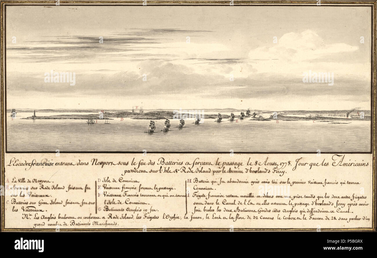 N/A. Français: Dessin de Pierre Ozanne, artiste ayant embarqué avec la première intervenant escadre française en in En 1778. Englisch: Französische Angriff auf Newport, 1778. 1778. Pierre Ozanne (1737-1813) Alternative Namen M. Ozane; Ozanne; Ozane; M. Ozanne Beschreibung der französische Ingenieur Bruder Nicolas Ozanne Datum der Geburt / Tod am 3. Dezember 1737 1813 Ort der Geburt / Todes Brest Brest Authority control: Q 2367343 VIAF: 2741094 ISNI: 0000 0000 6659 8616 ULAN: 500018894 50051545 LCCN: n GND: 118816950 WorldCat 524 Escadre de d'Estaing entrant dans Baie de Newport le 8 aout 1778 Stockfoto