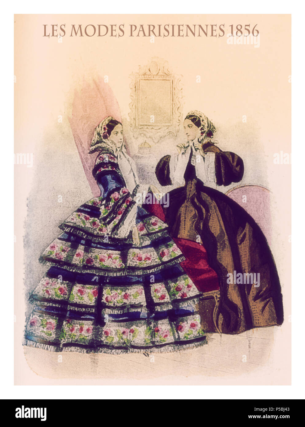 Mode 1856, französische Zeitschrift Les Modes Parisiennes präsentiert zwei junge Damen stehen Hallenbad mit ausgefallenen Tücher und Friseur Stockfoto