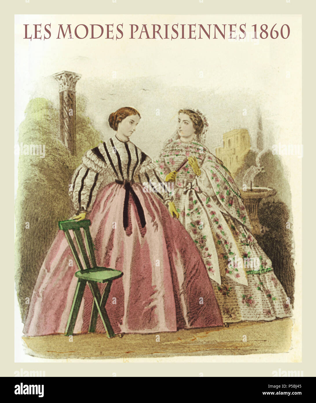 1860 Mode, französische Zeitschrift Les Modes Parisiennes präsentiert zwei junge Damen im Garten stehen Chatten mit fancy Tücher Stockfoto
