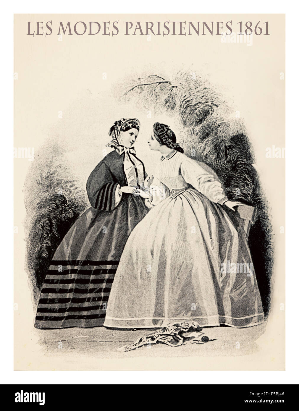 1861 Mode, französische Zeitschrift Les Modes Parisiennes präsentiert zwei Damen im Garten stehen Chatten mit fancy Tücher Stockfoto