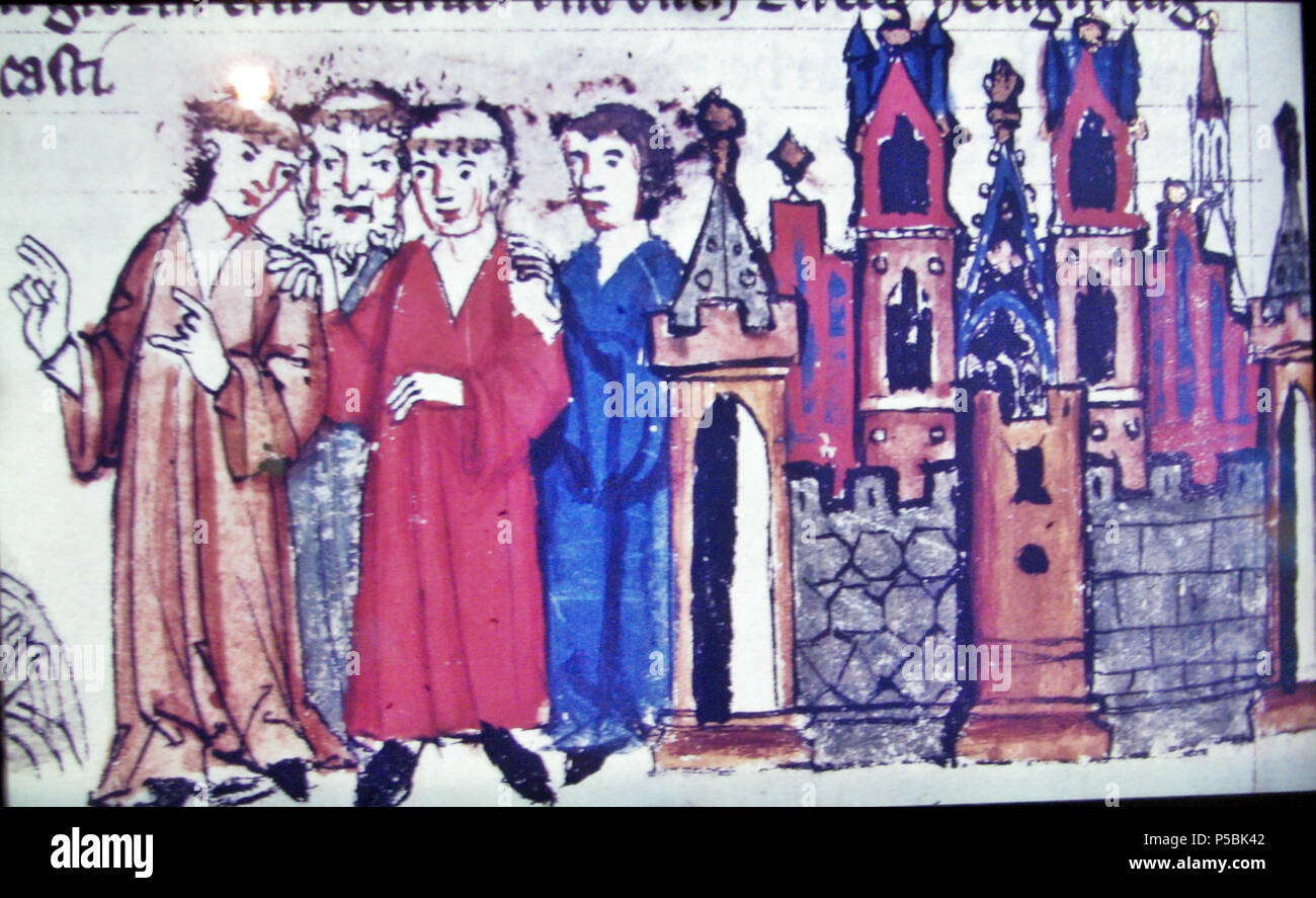 N/A. Englisch: Ausstellung zeigt eine Miniatur aus einer 1300 Zentrale Deutschland Manuskript in der Diaspora Museum, Tel Aviv-en: Beit Hatefutsot. Das Museum Hinweis sagt 'Biships am Tor der Stadt, Manuskript, Zentrale Deutschland, 1300". (Foto wurde von en getroffen: Benutzer: Sodabottle). 8. August 2011. Unbekannt 206 Bischöfe an das Tor der Stadt, Manuskript Stockfoto