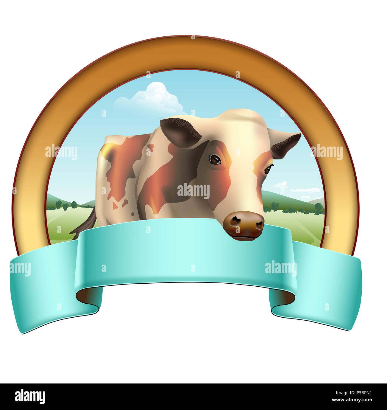 Kuh und ländliche Landschaft mit einem farbigen Banner. Vector Illustration. Stockfoto