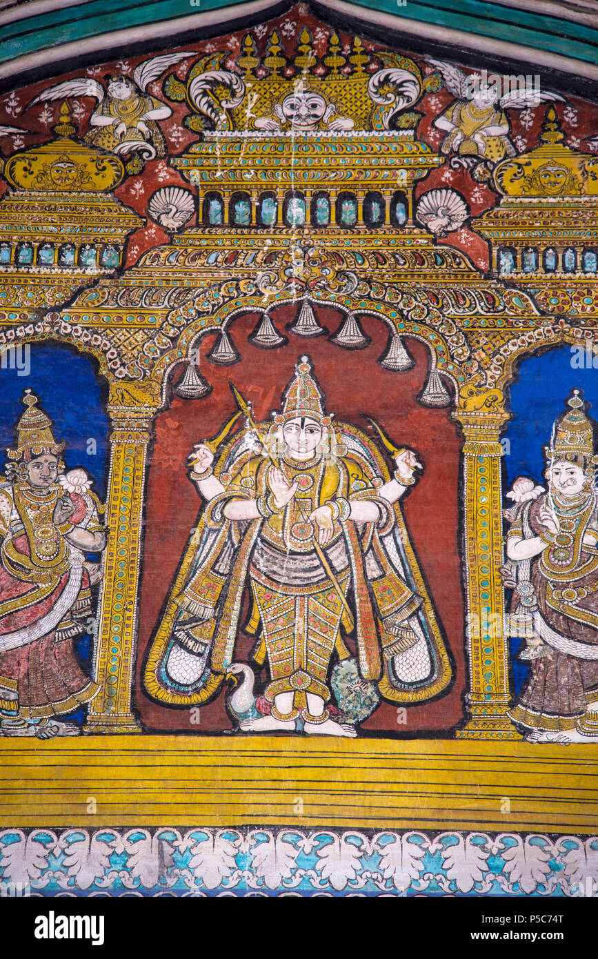 Farbenfrohe Gemälde an der Decke Wand des Darbar Halle des Thanjavur Maratha Palace, Thanjavur, Tamil Nadu, Indien Stockfoto